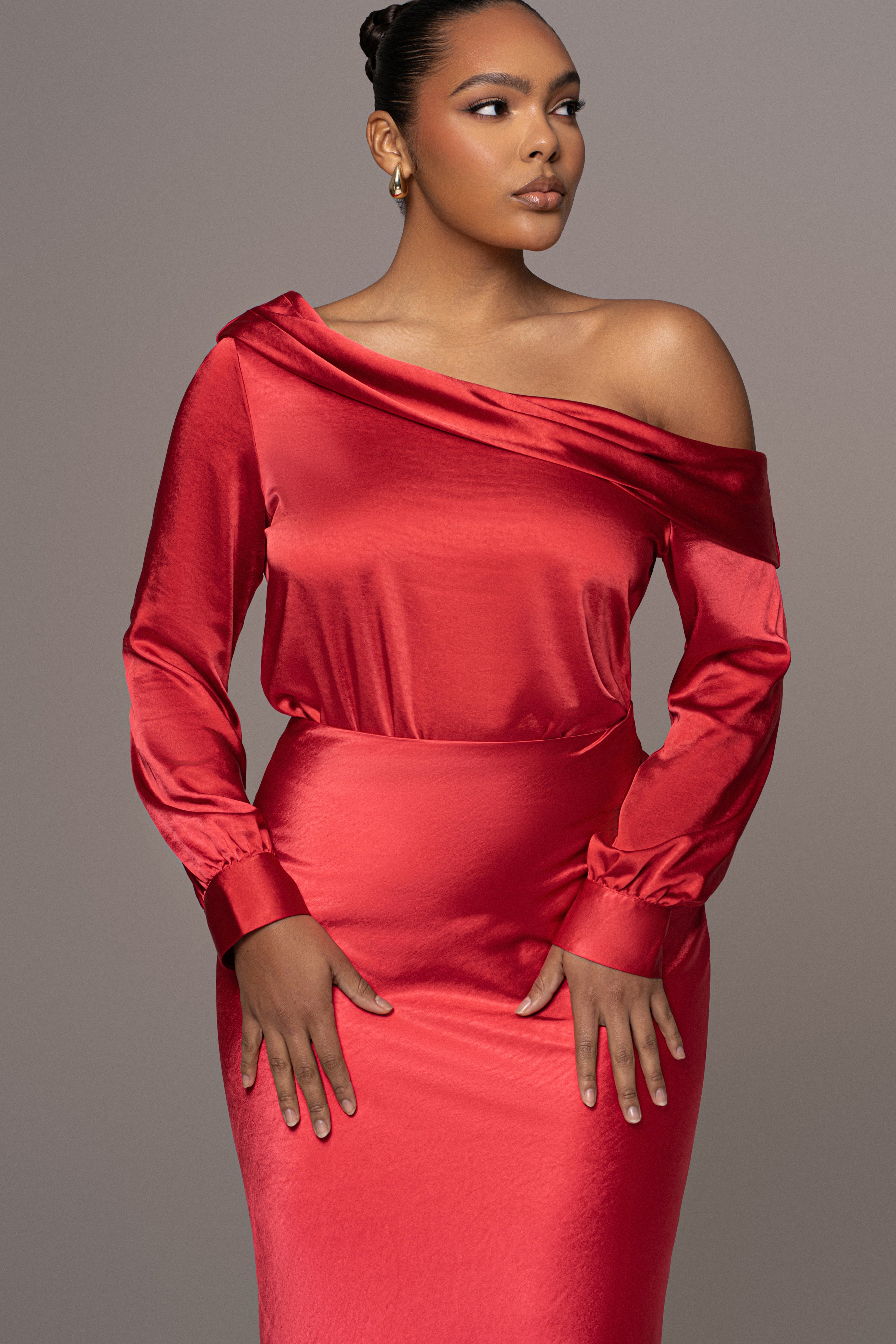 Red Satin Rima Asymmetrical Bodysuit - JLUXLABEL