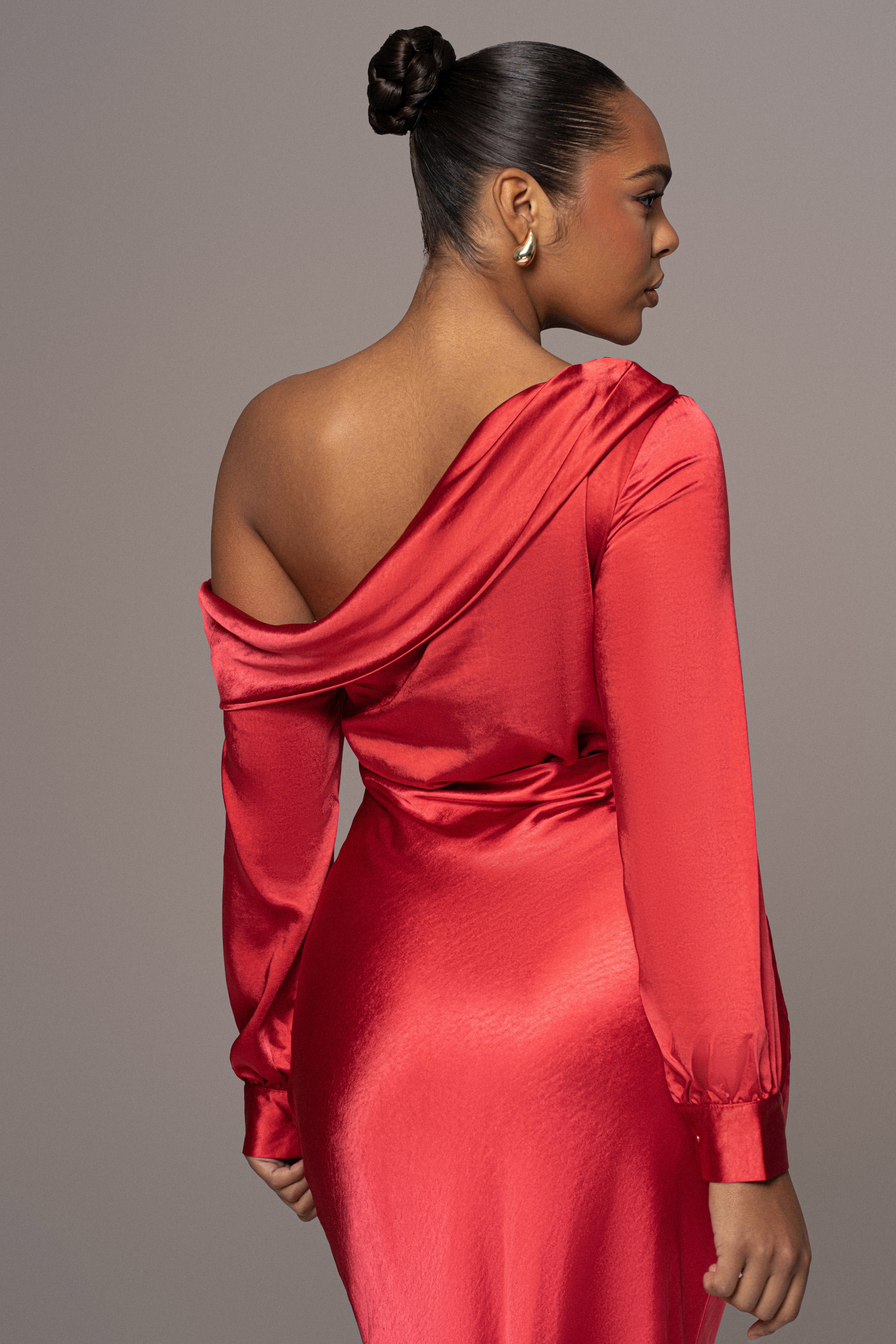 Red Satin Rima Asymmetrical Bodysuit - JLUXLABEL