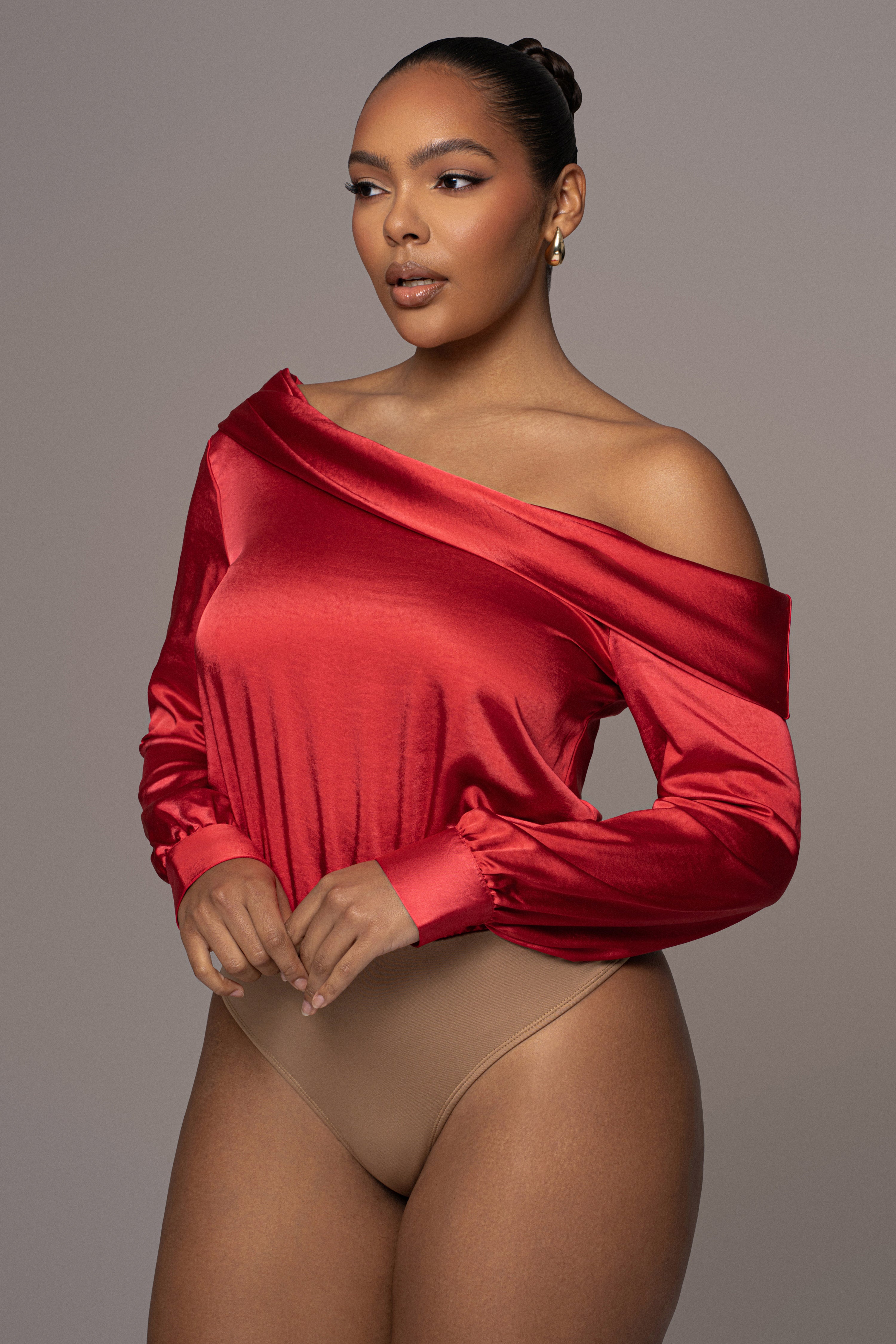 Red Satin Rima Asymmetrical Bodysuit - JLUXLABEL