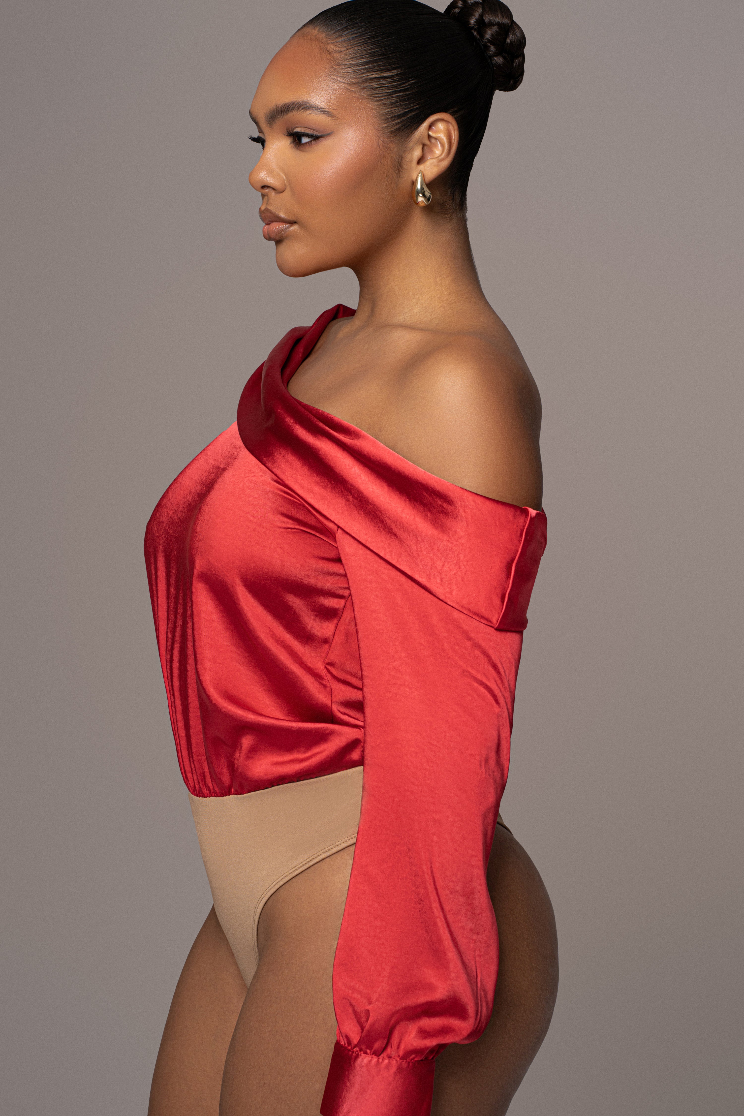 Red Satin Rima Asymmetrical Bodysuit - JLUXLABEL