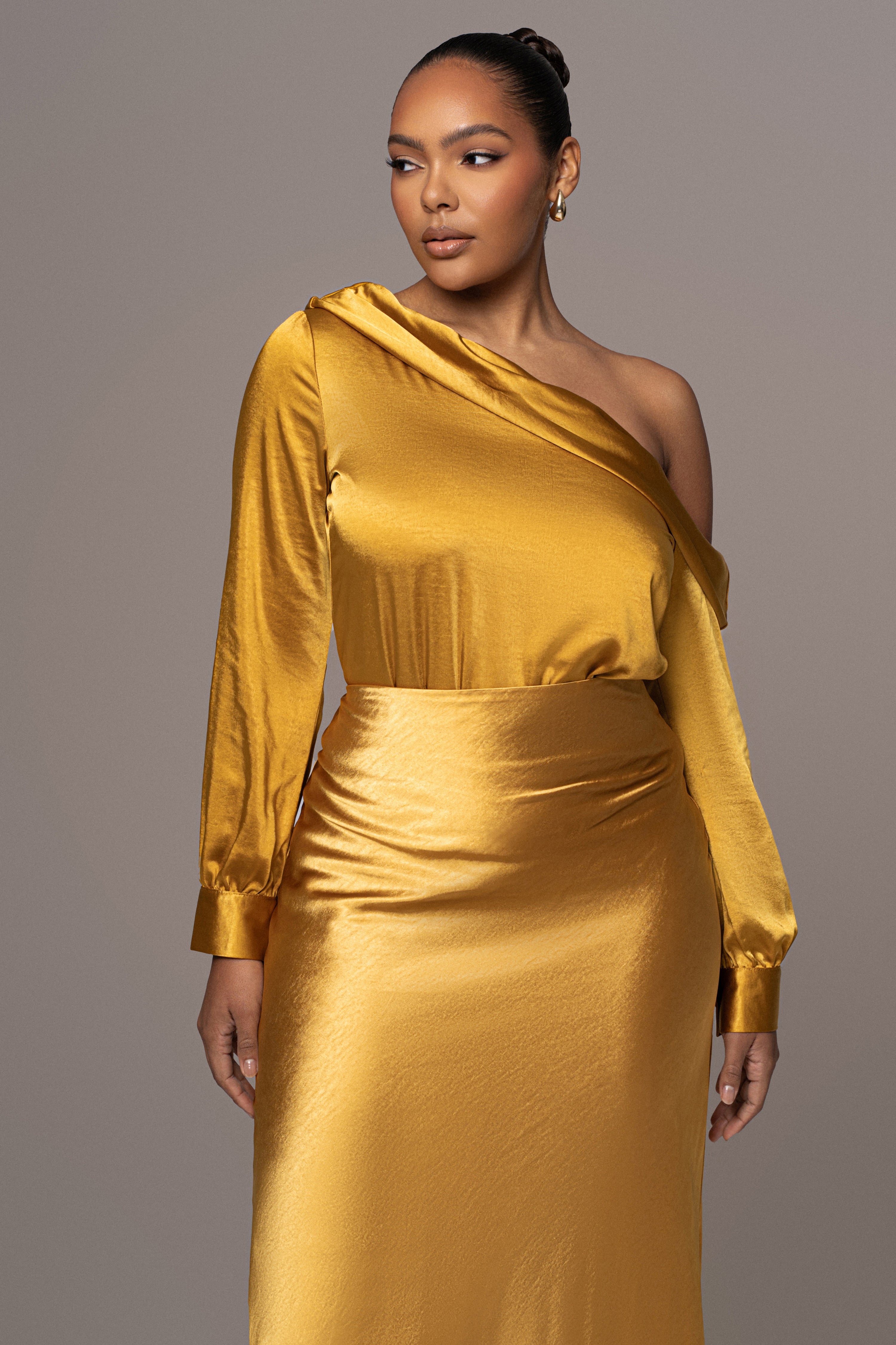 Yellow Satin Rima Asymmetrical Bodysuit - JLUXLABEL