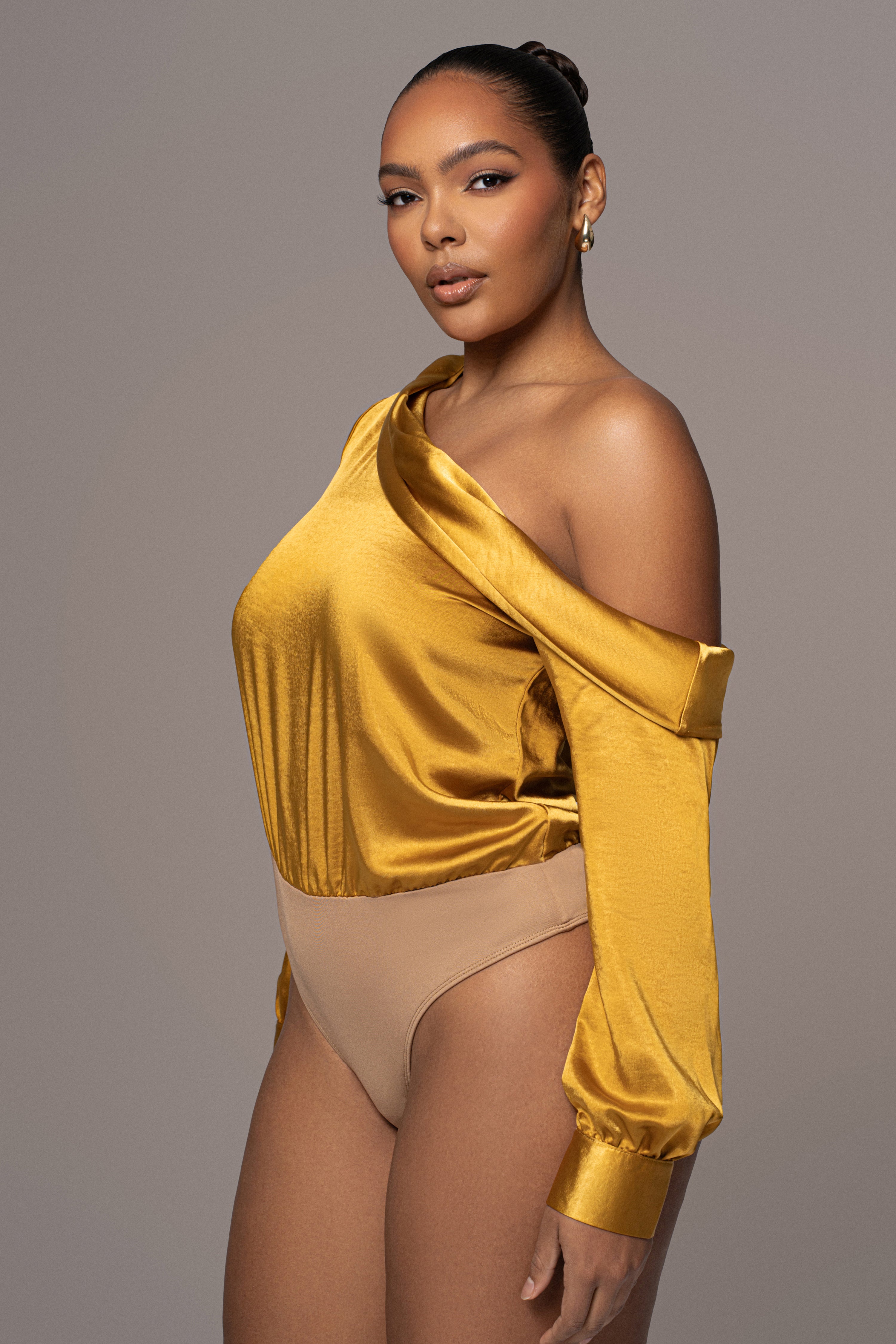 Yellow Satin Rima Asymmetrical Bodysuit - JLUXLABEL