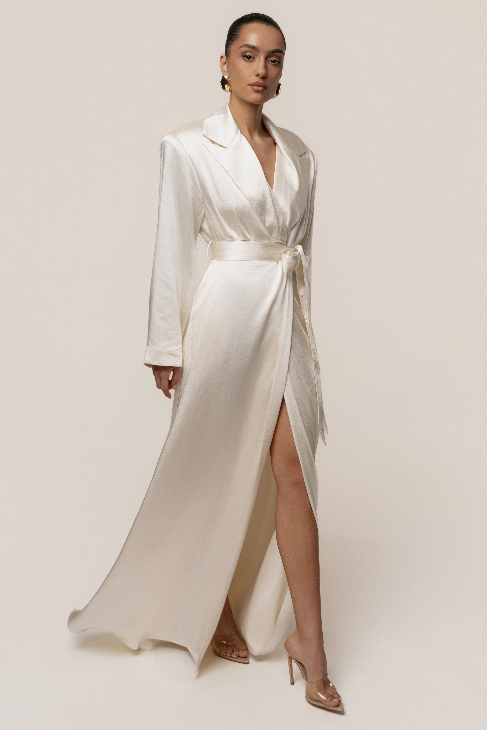 knee length dresses for ladies Ivory Satin Embrace Maxi Dress