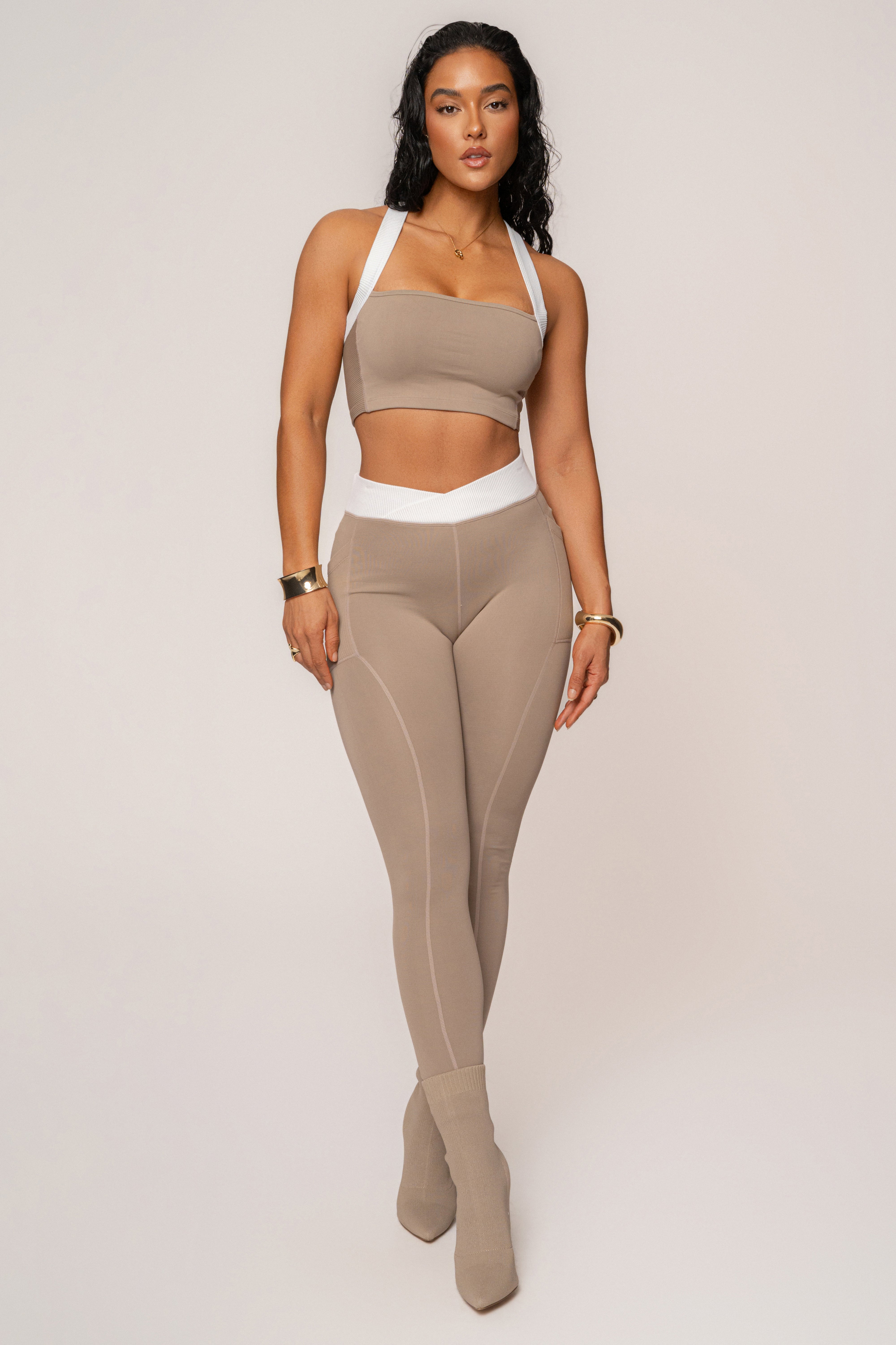 Beige/White Ultimate Ribbed Halter Top - JLUXLABEL