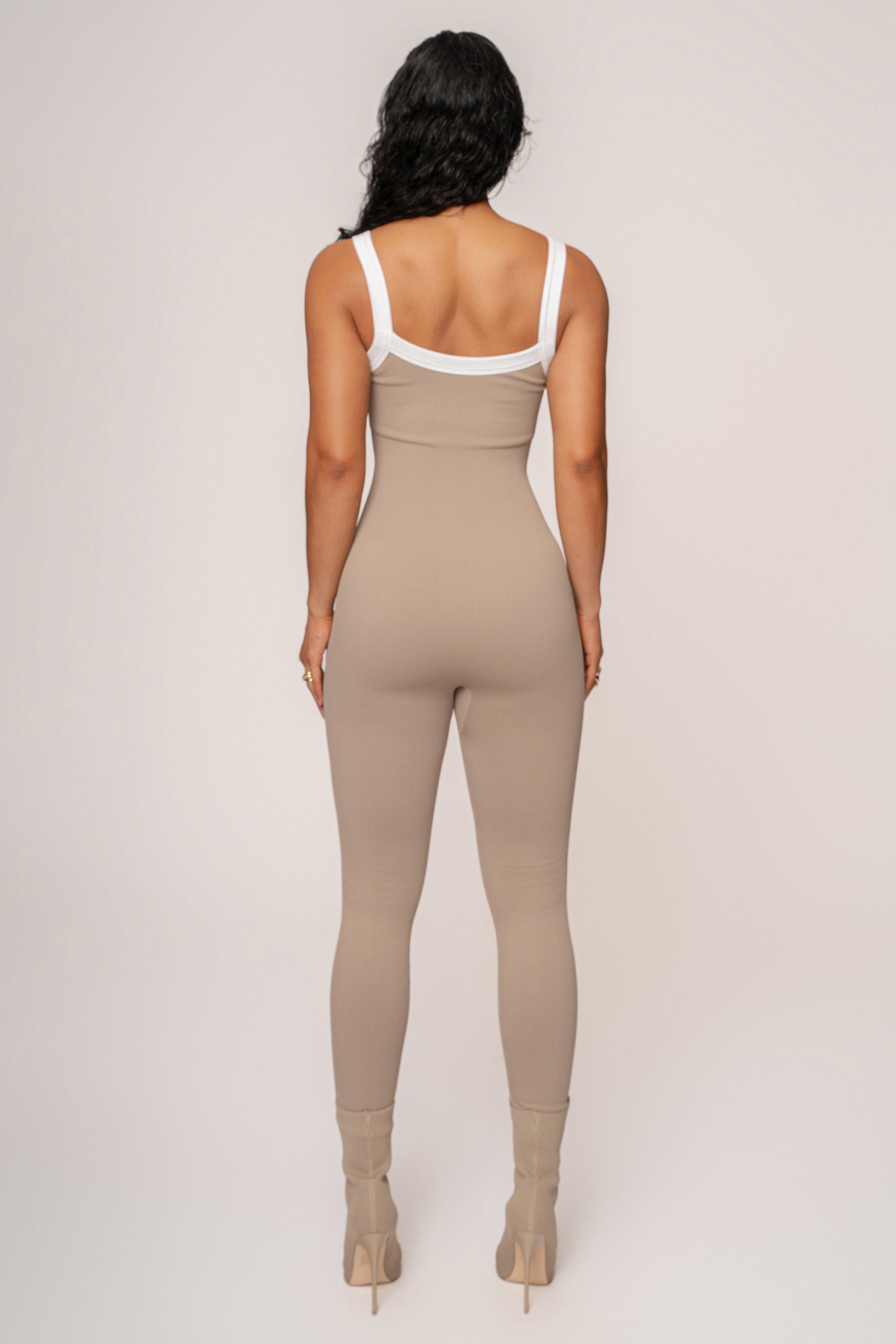 Beige/White Core Ribbed Jumpsuit - JLUXLABEL