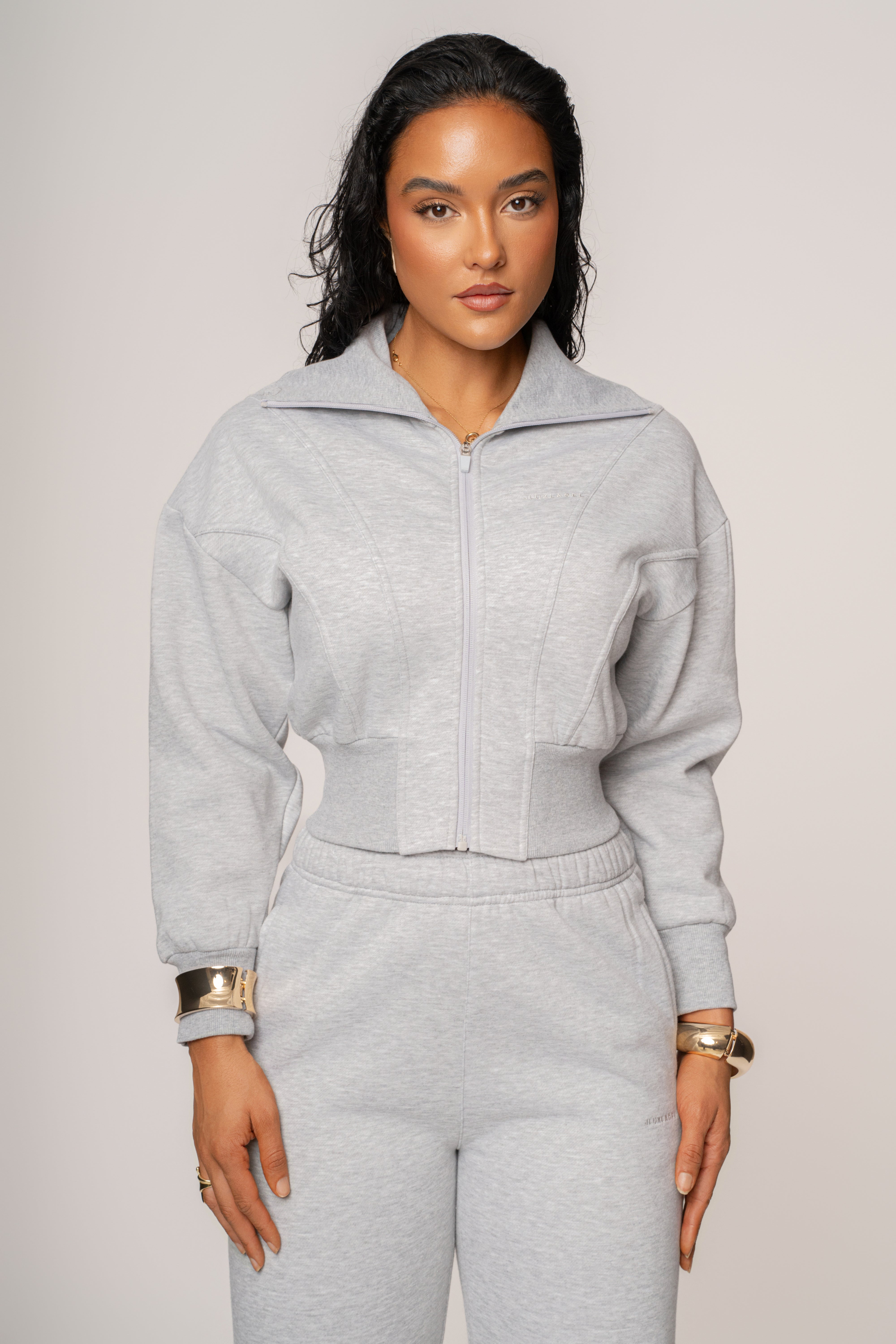 Heather Grey JLUXLABEL Logo Zip Up Jacket - JLUXLABEL