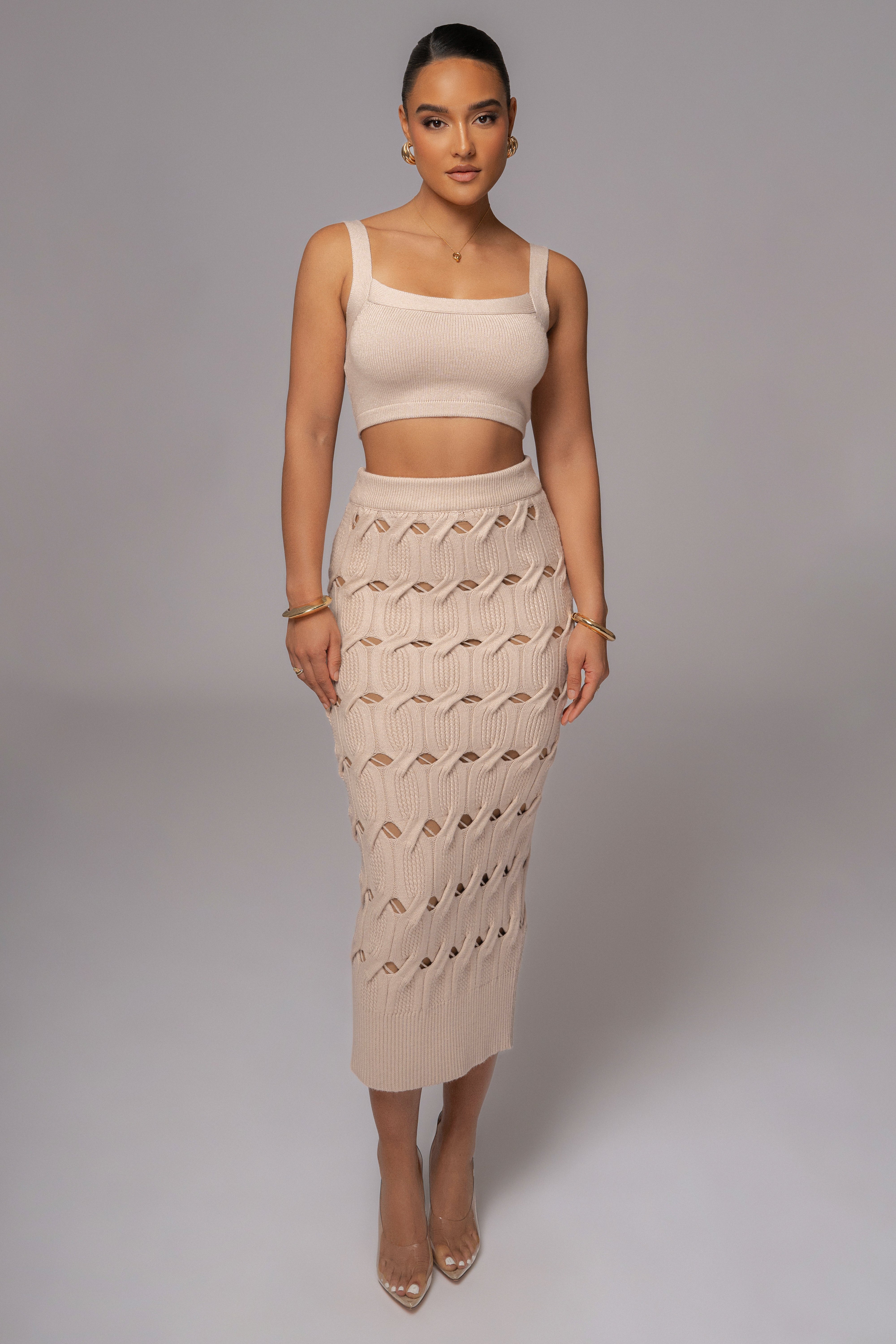 Beige Morgan Knit Maxi Skirt - JLUXLABEL