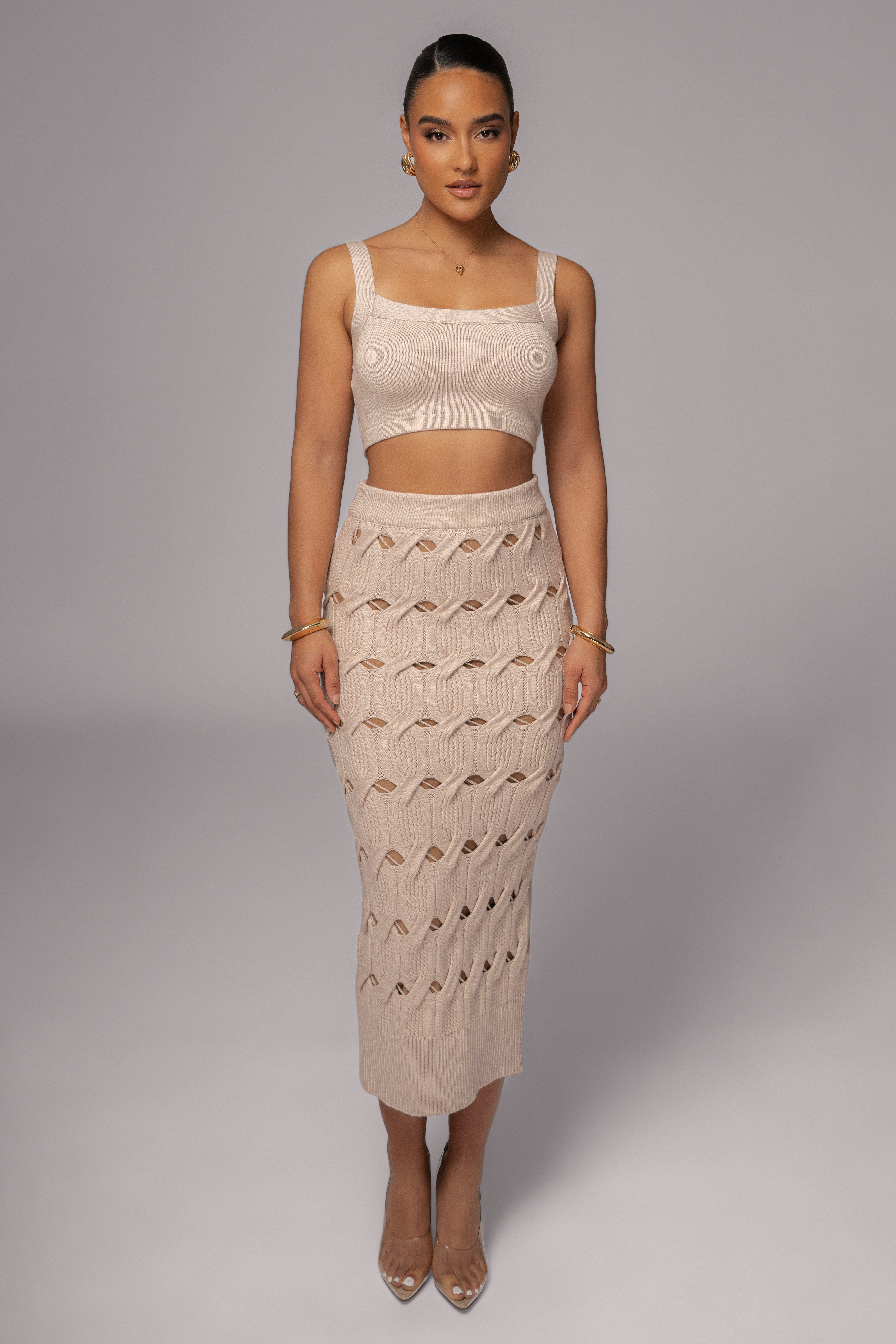 Beige Morgan Knit Maxi Skirt - JLUXLABEL