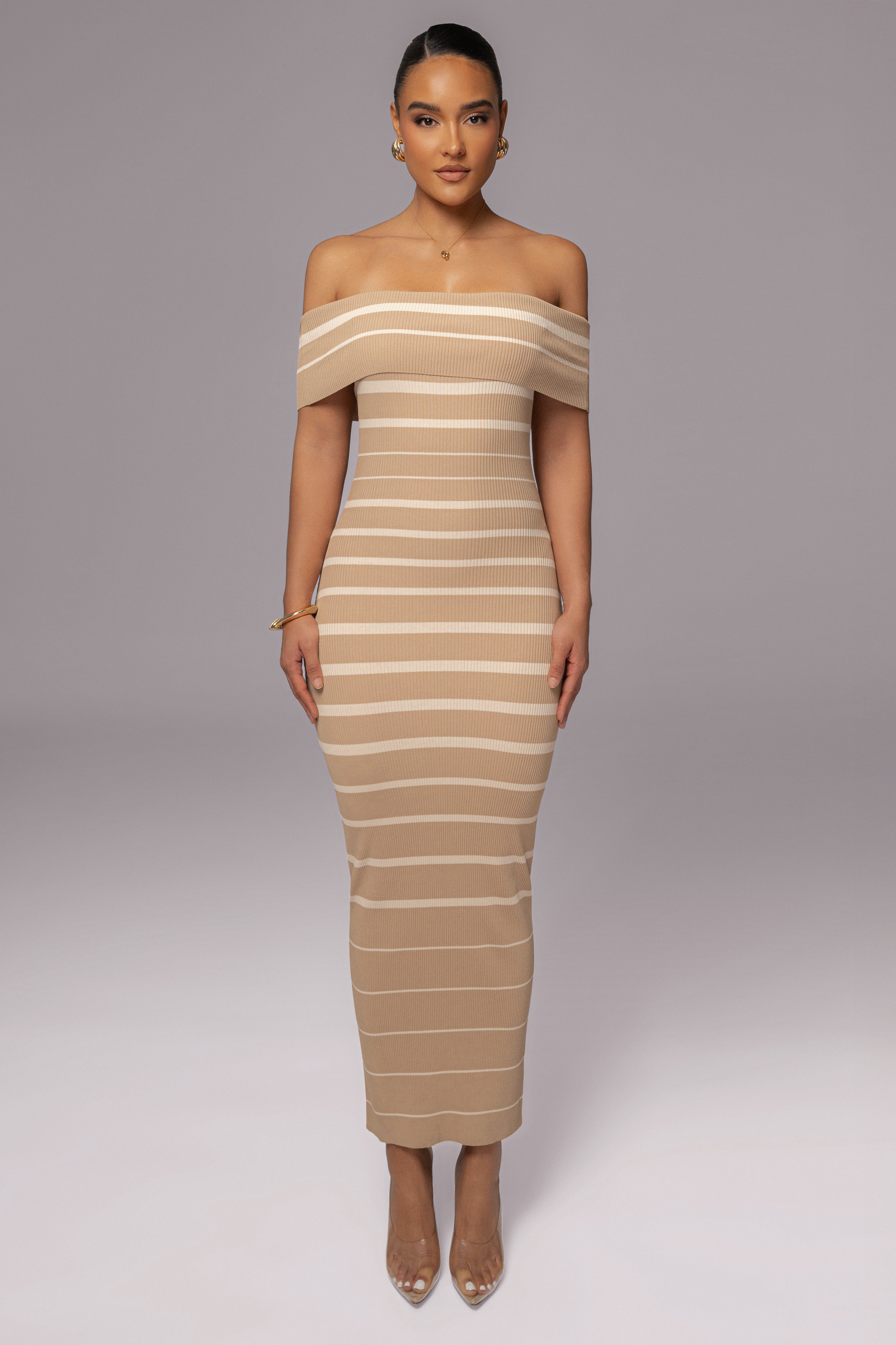 Beige Off The Shoulder Striped Dress - JLUXLABEL