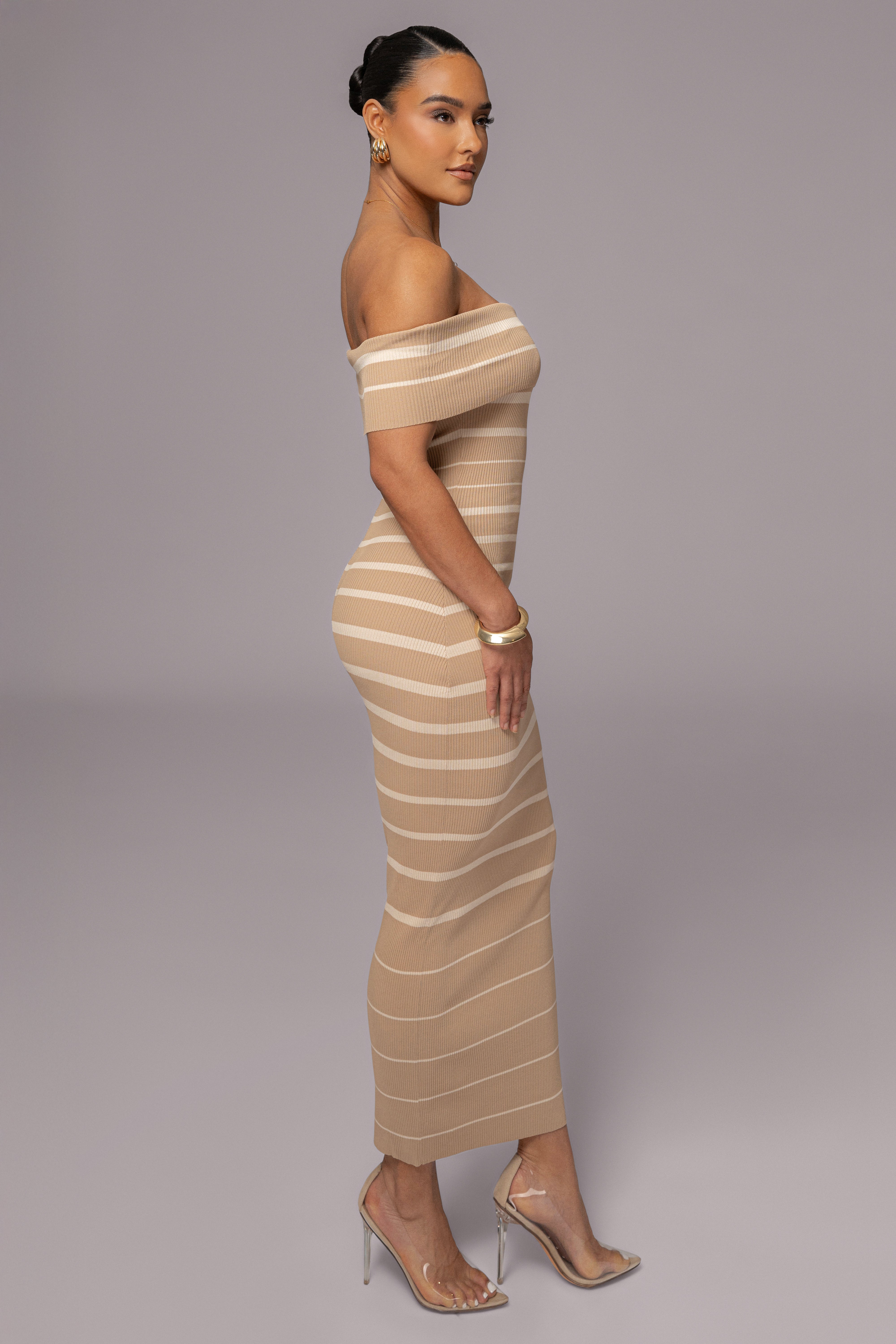 Beige Off The Shoulder Striped Dress - JLUXLABEL