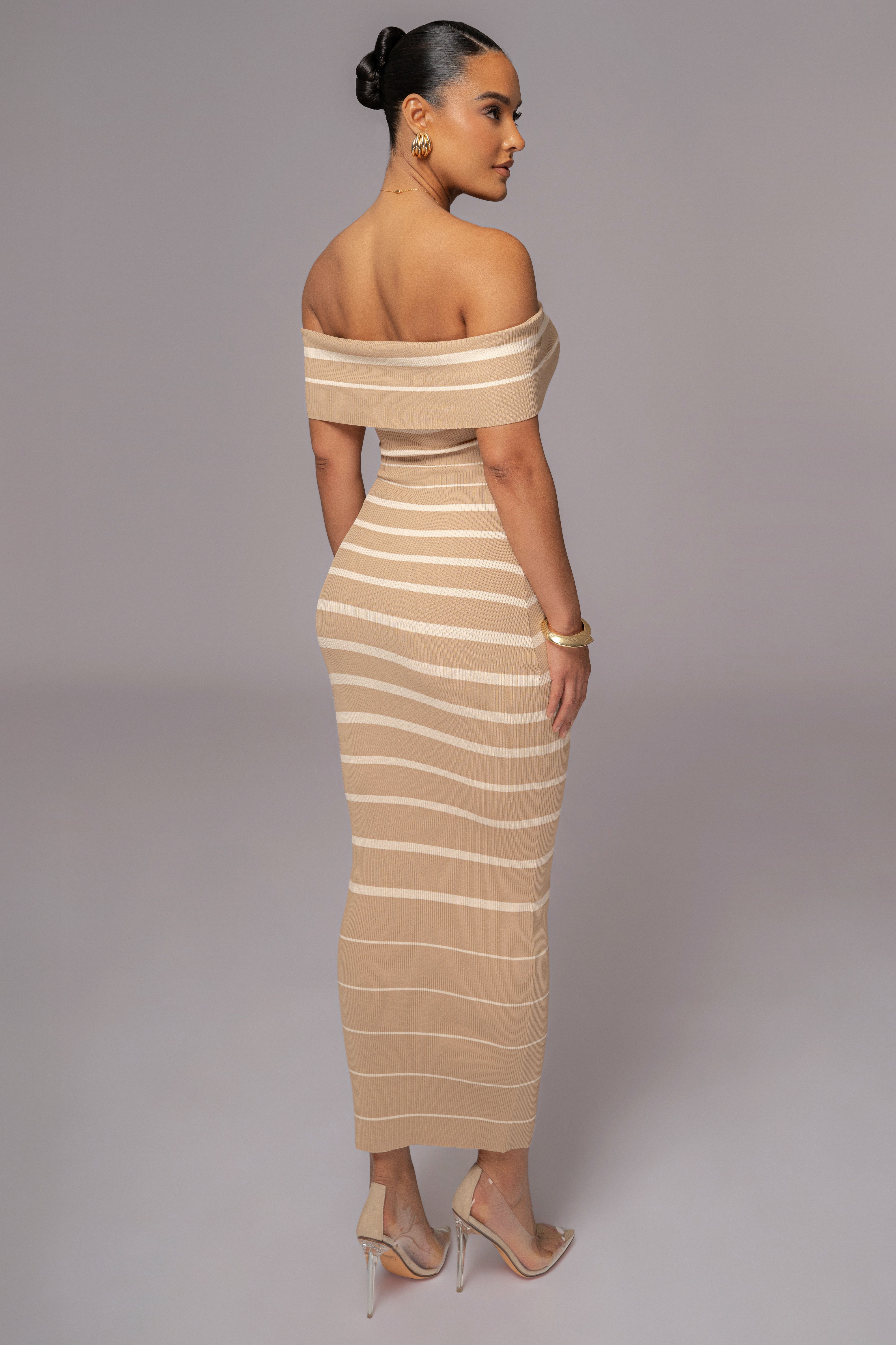 Beige Off The Shoulder Striped Dress - JLUXLABEL