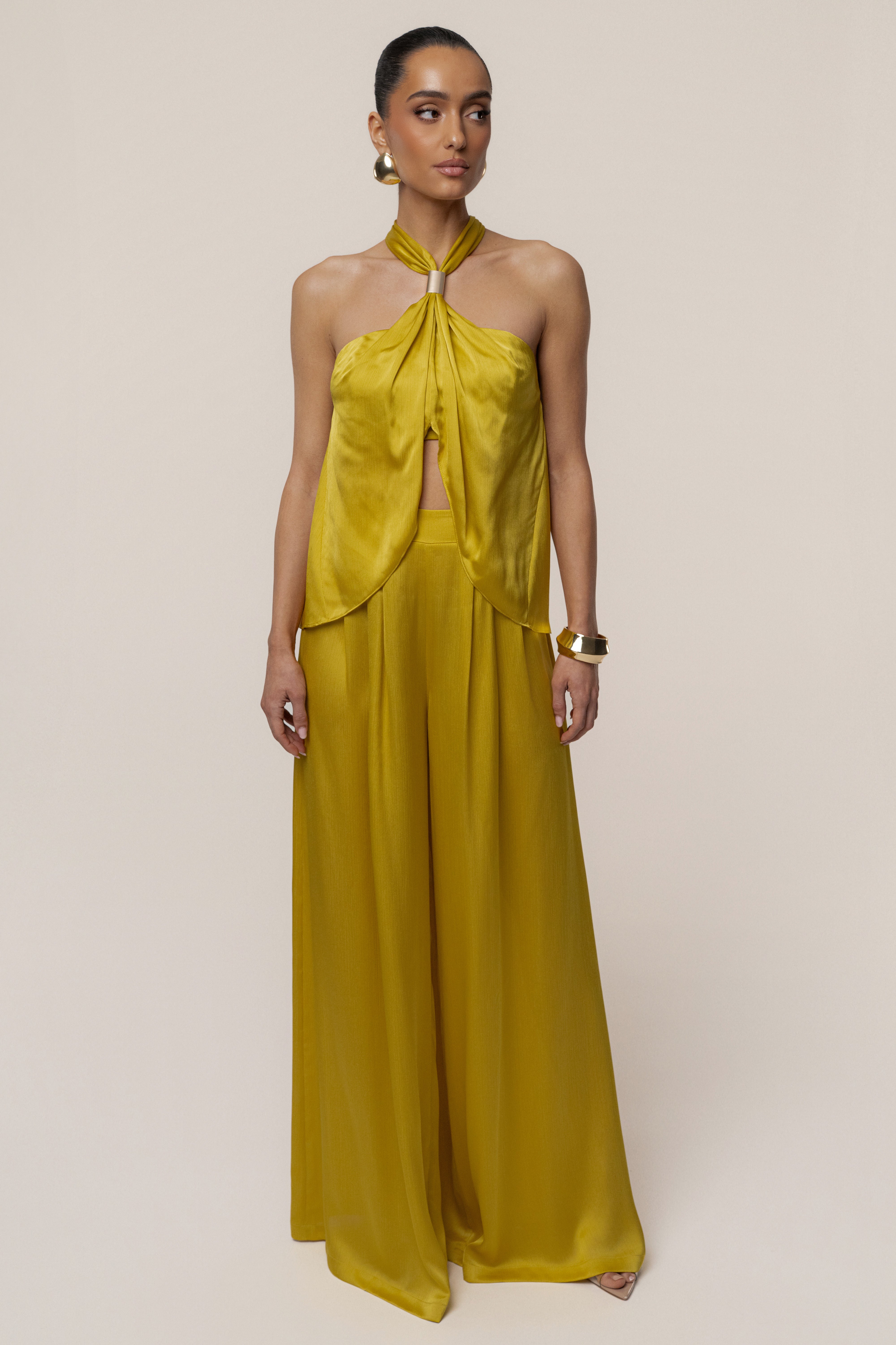 Yellow Cascade Satin Pant Set - JLUXLABEL