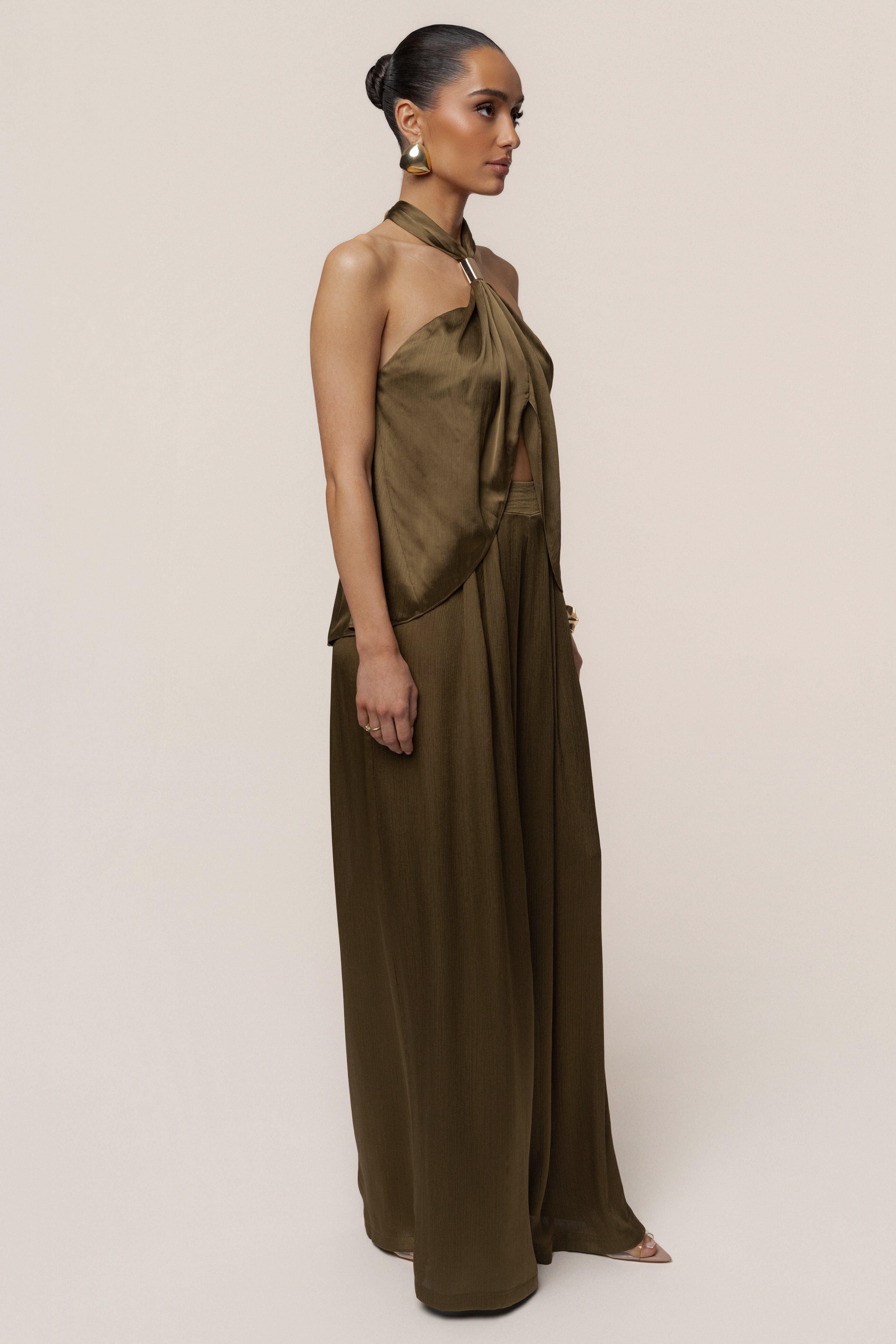 Olive Cascade Satin Pant Set - JLUXLABEL