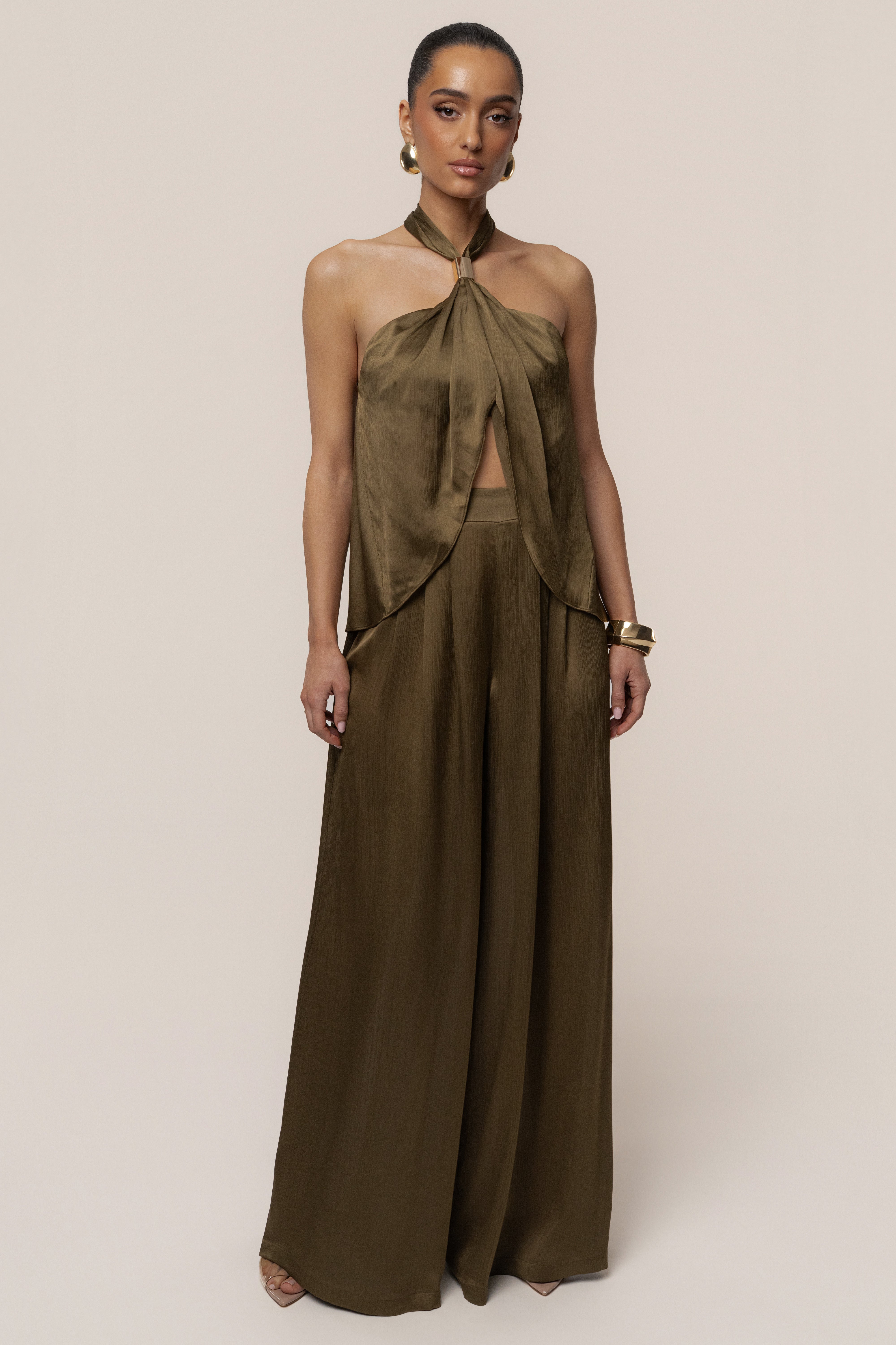Olive Cascade Satin Pant Set - JLUXLABEL