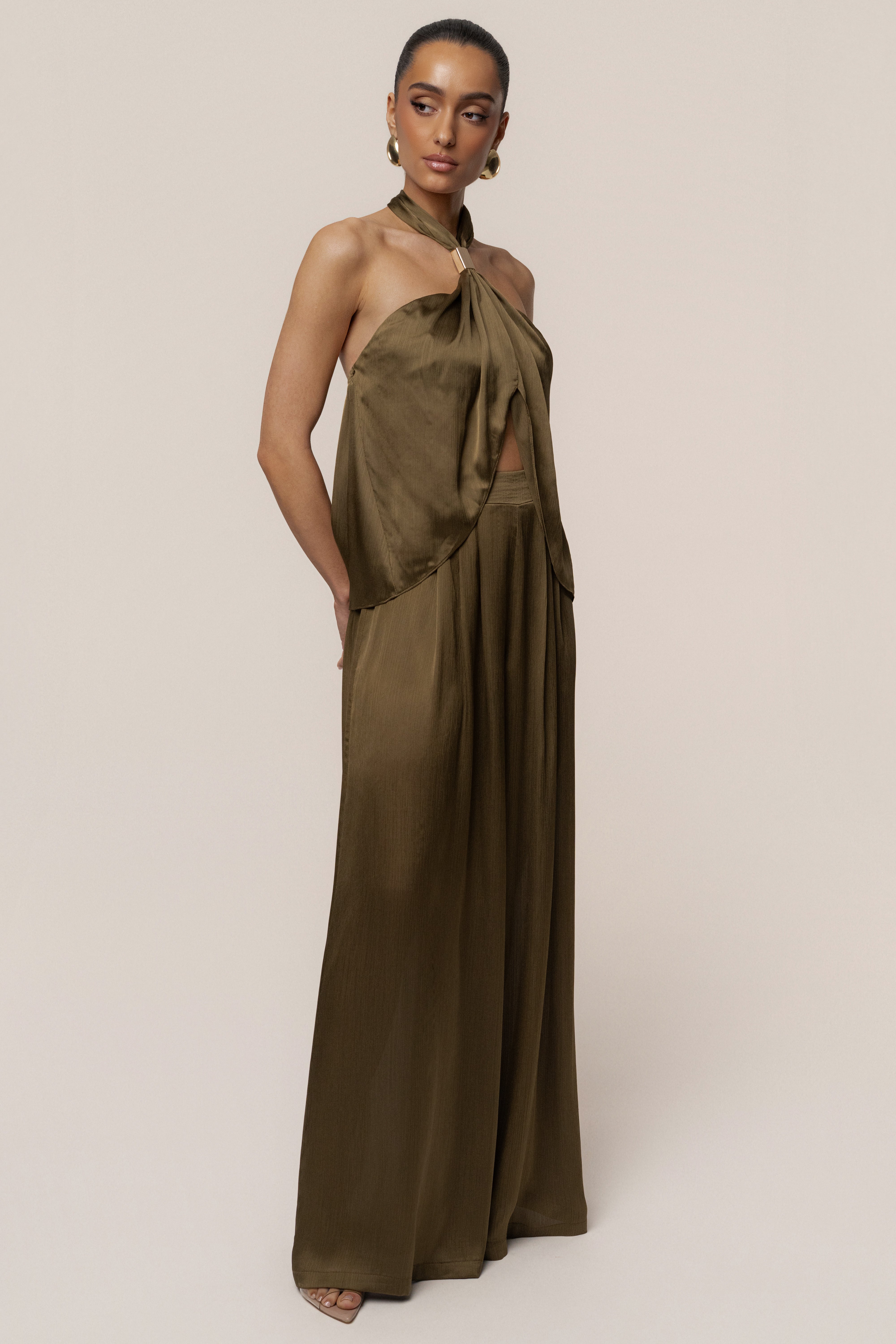 Olive Cascade Satin Pant Set - JLUXLABEL