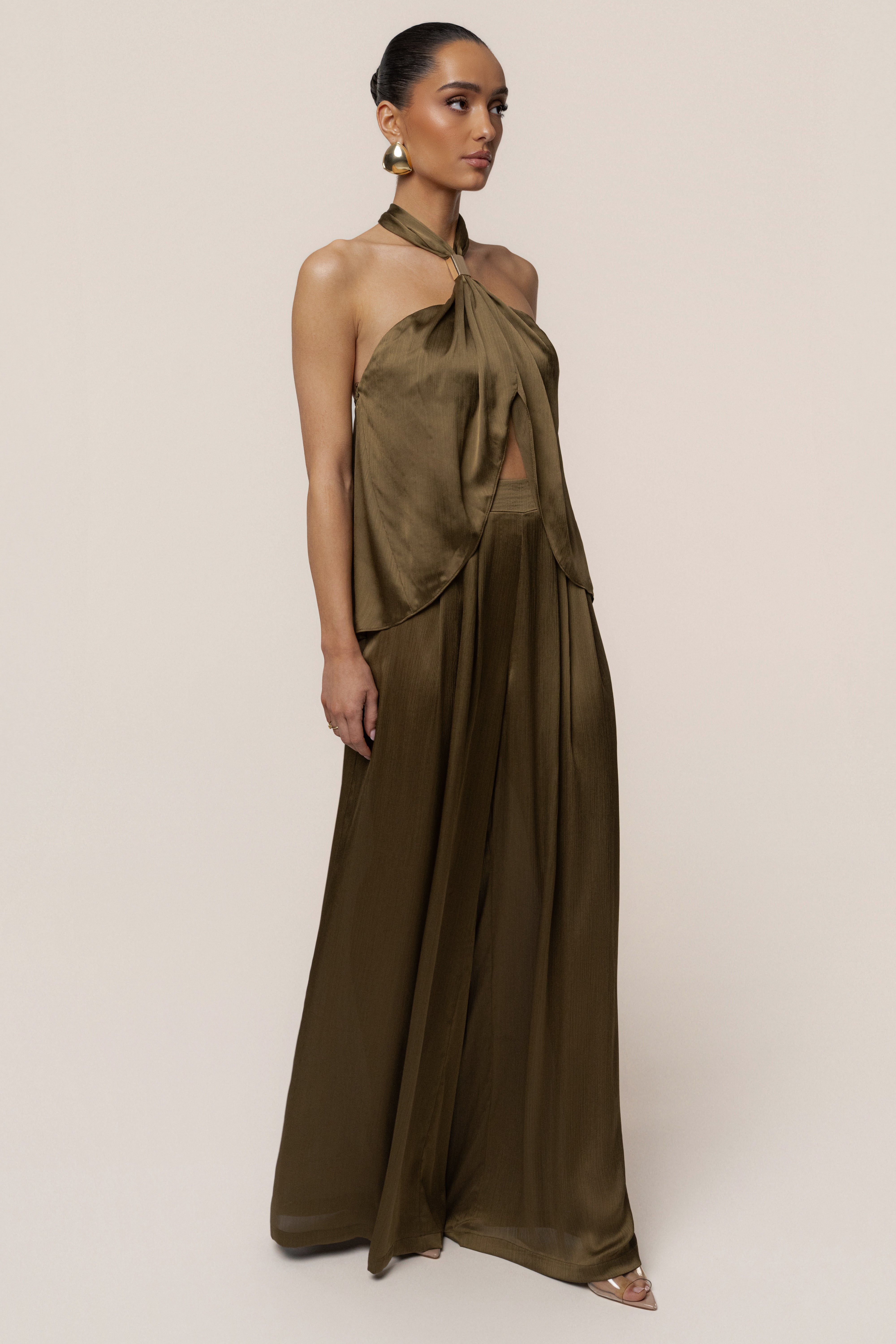 Olive Cascade Satin Pant Set - JLUXLABEL