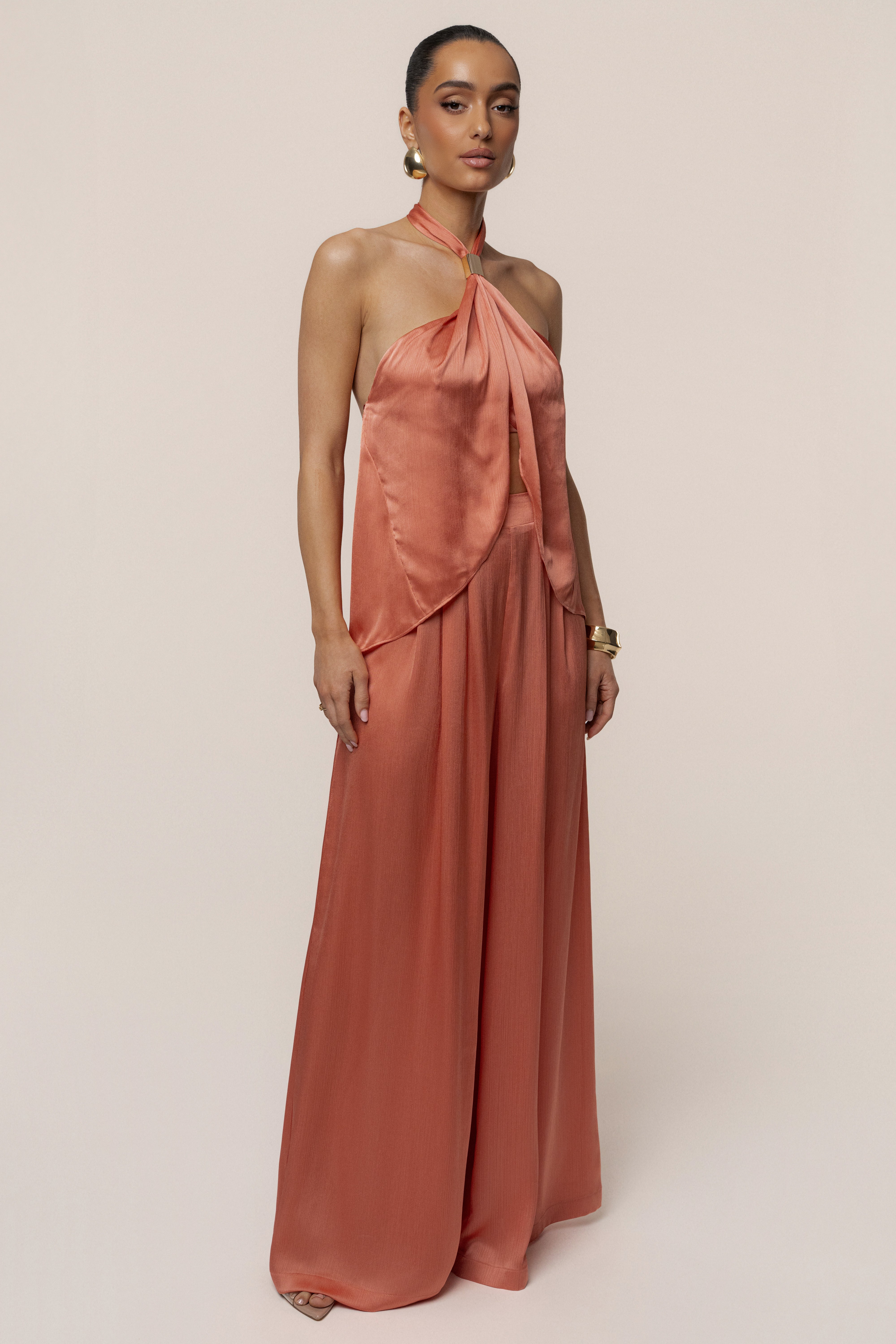 Salmon Cascade Satin Pant Set - JLUXLABEL