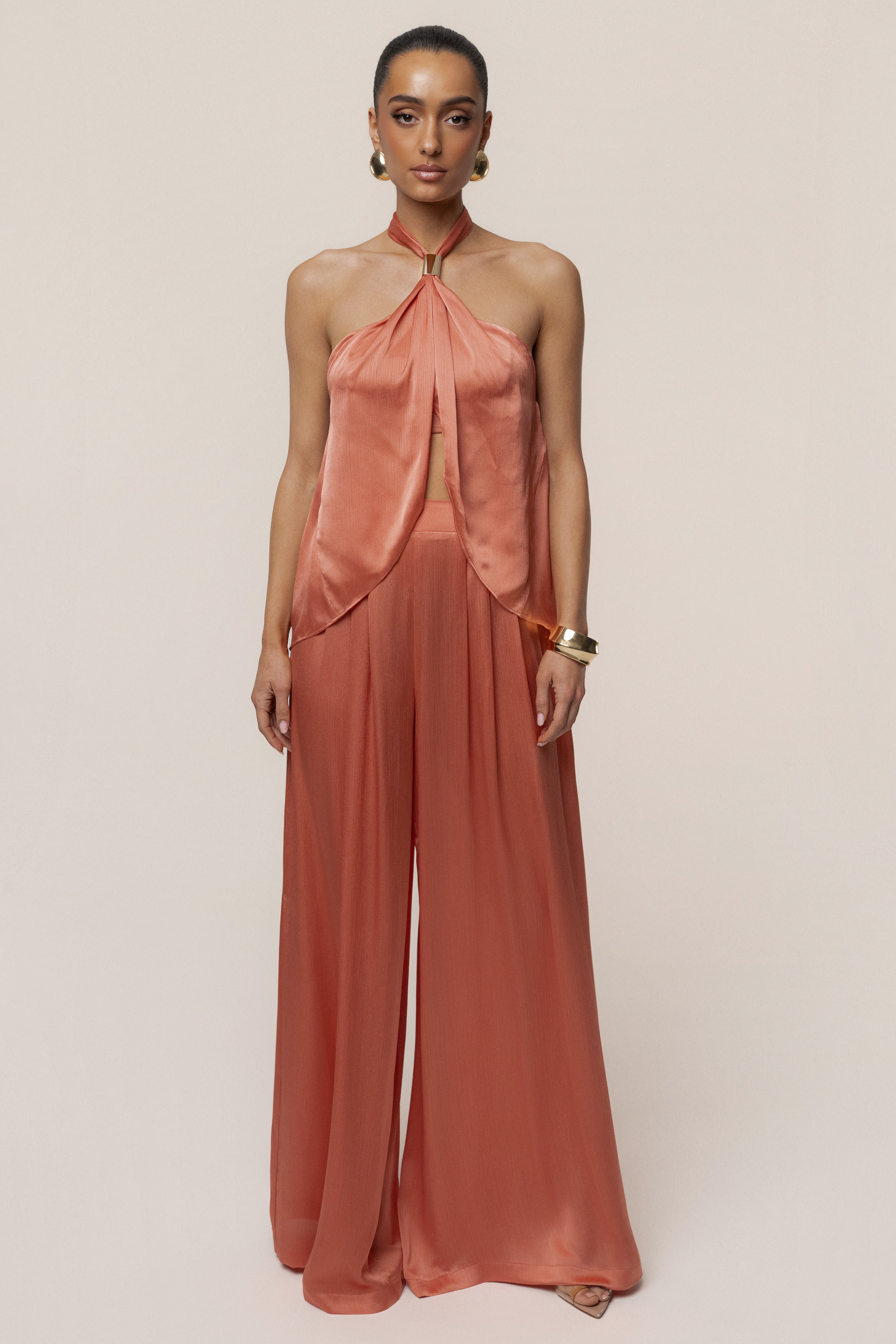 Salmon Cascade Satin Pant Set - JLUXLABEL