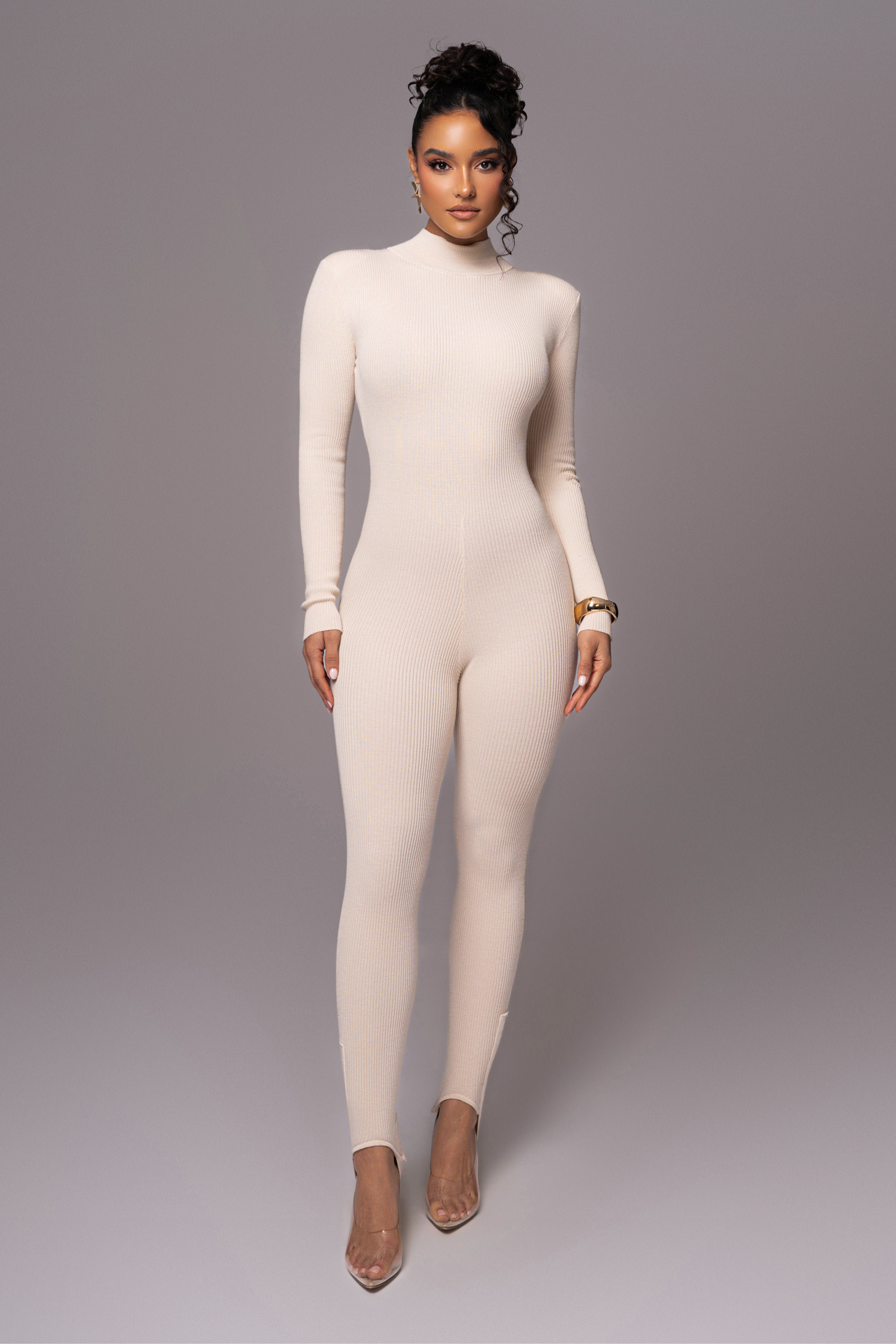 Beige Minna Mock Neck Jumpsuit - JLUXLABEL