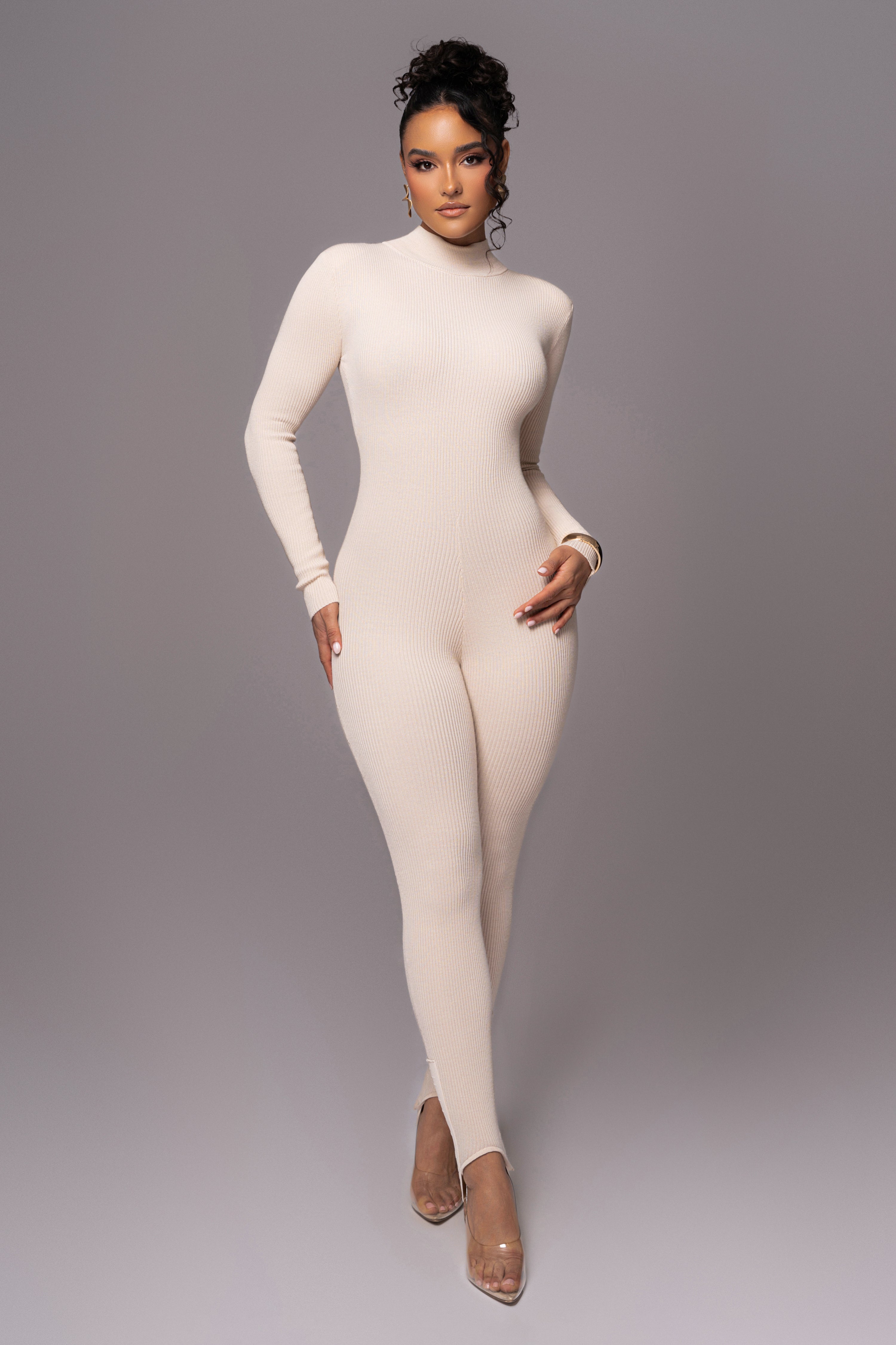 Beige Minna Mock Neck Jumpsuit - JLUXLABEL