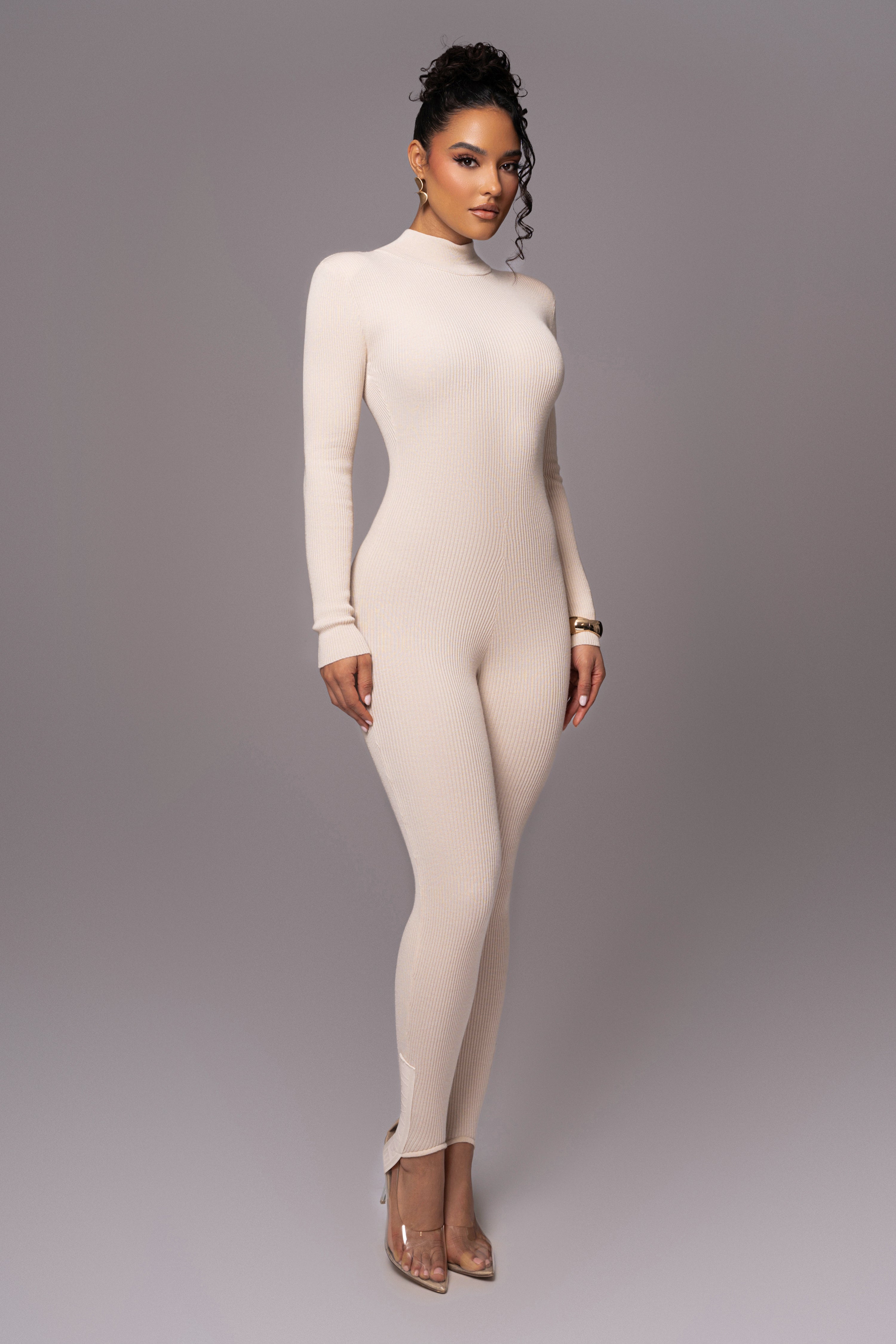 Beige Minna Mock Neck Jumpsuit - JLUXLABEL