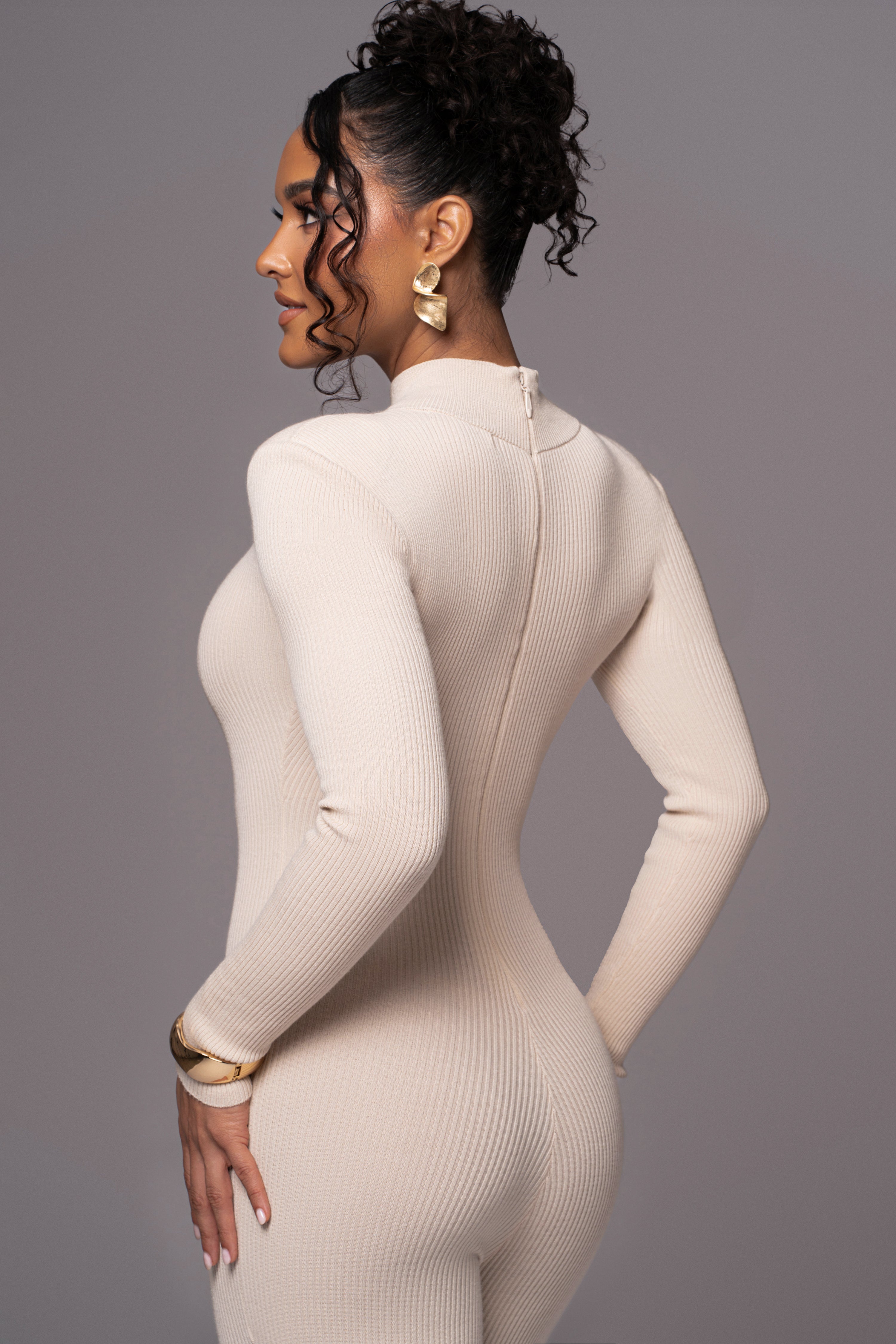 Beige Minna Mock Neck Jumpsuit - JLUXLABEL