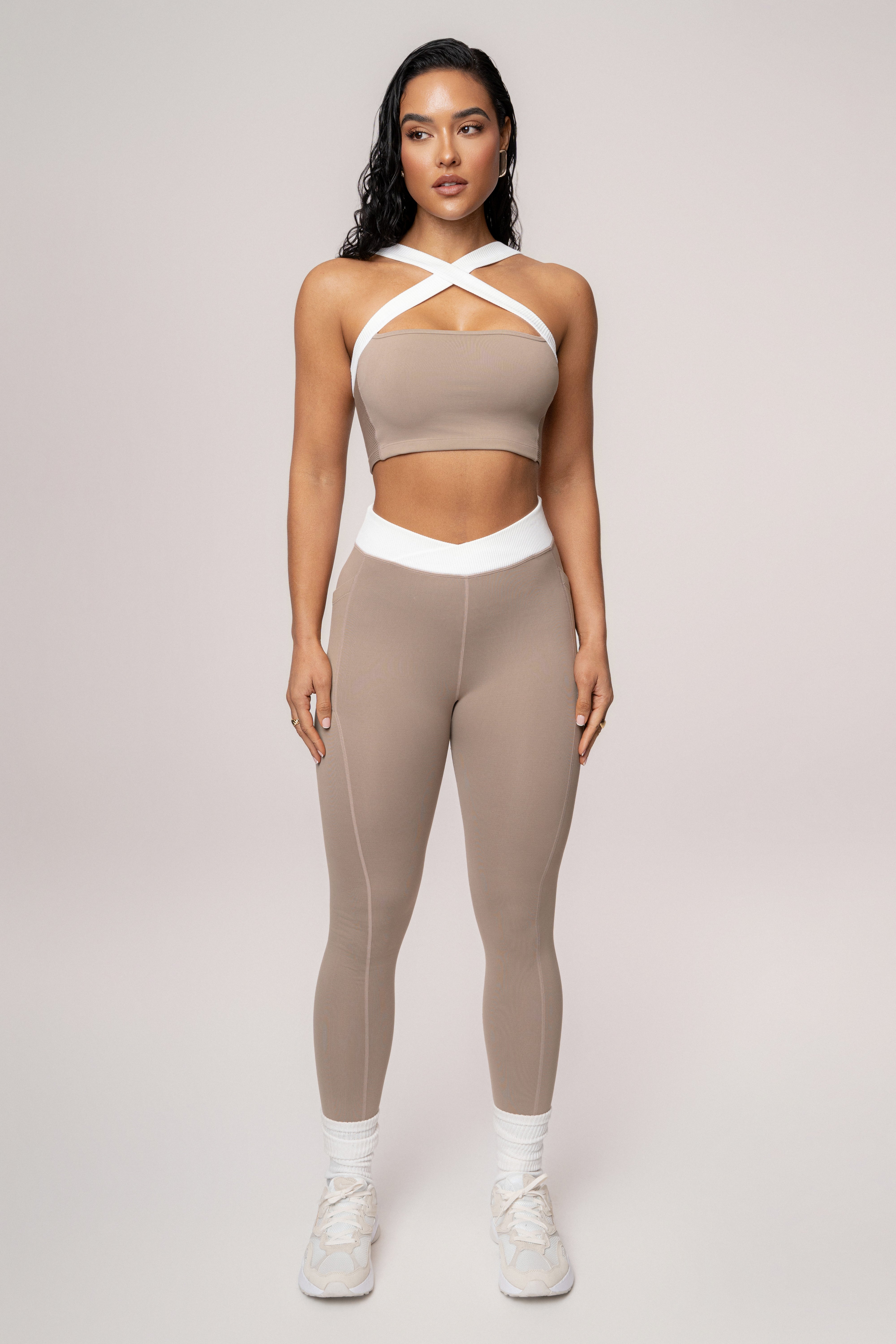 Beige/White Ultimate Ribbed Halter Top - JLUXLABEL