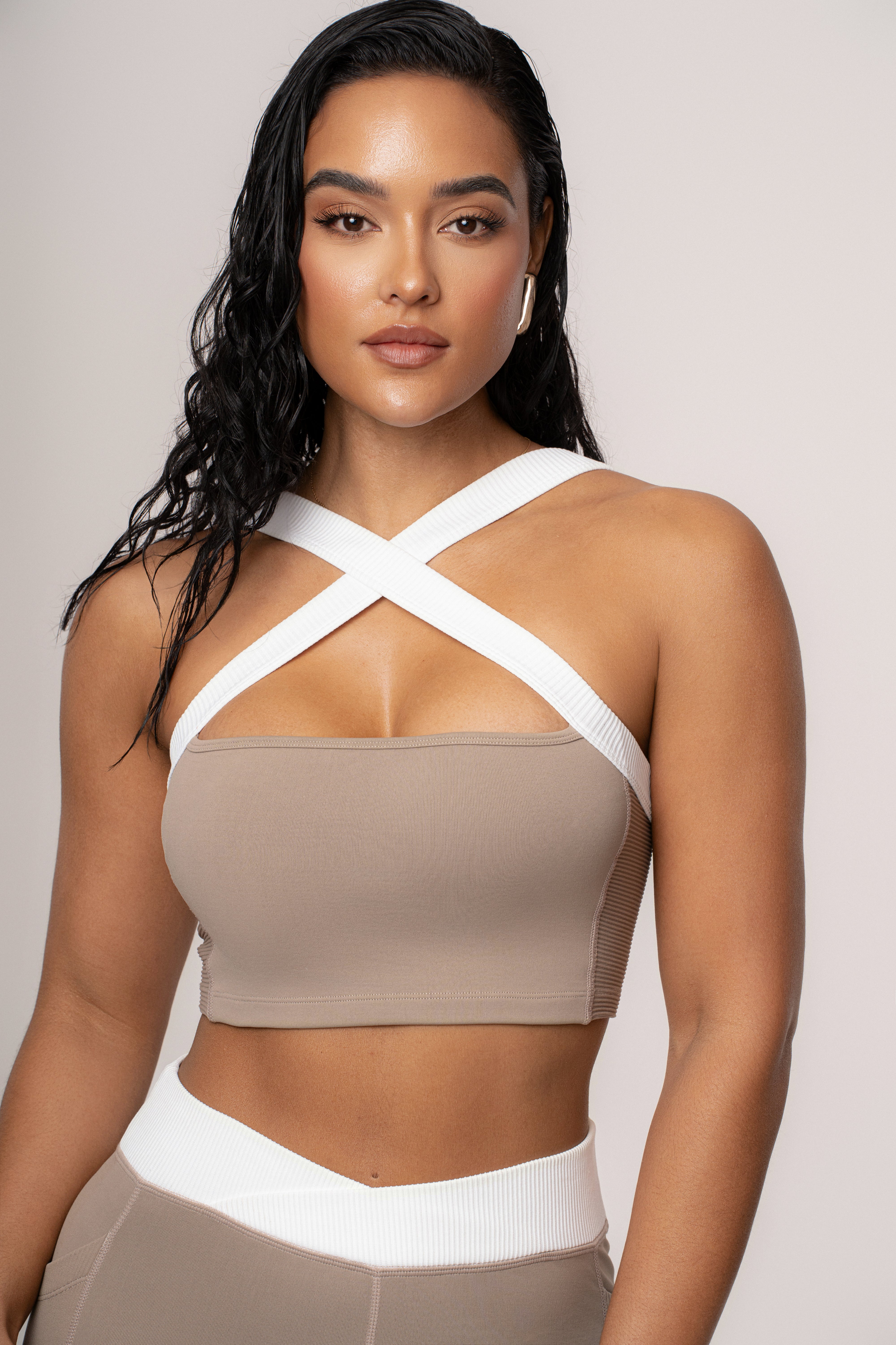 Beige/White Ultimate Ribbed Halter Top - JLUXLABEL