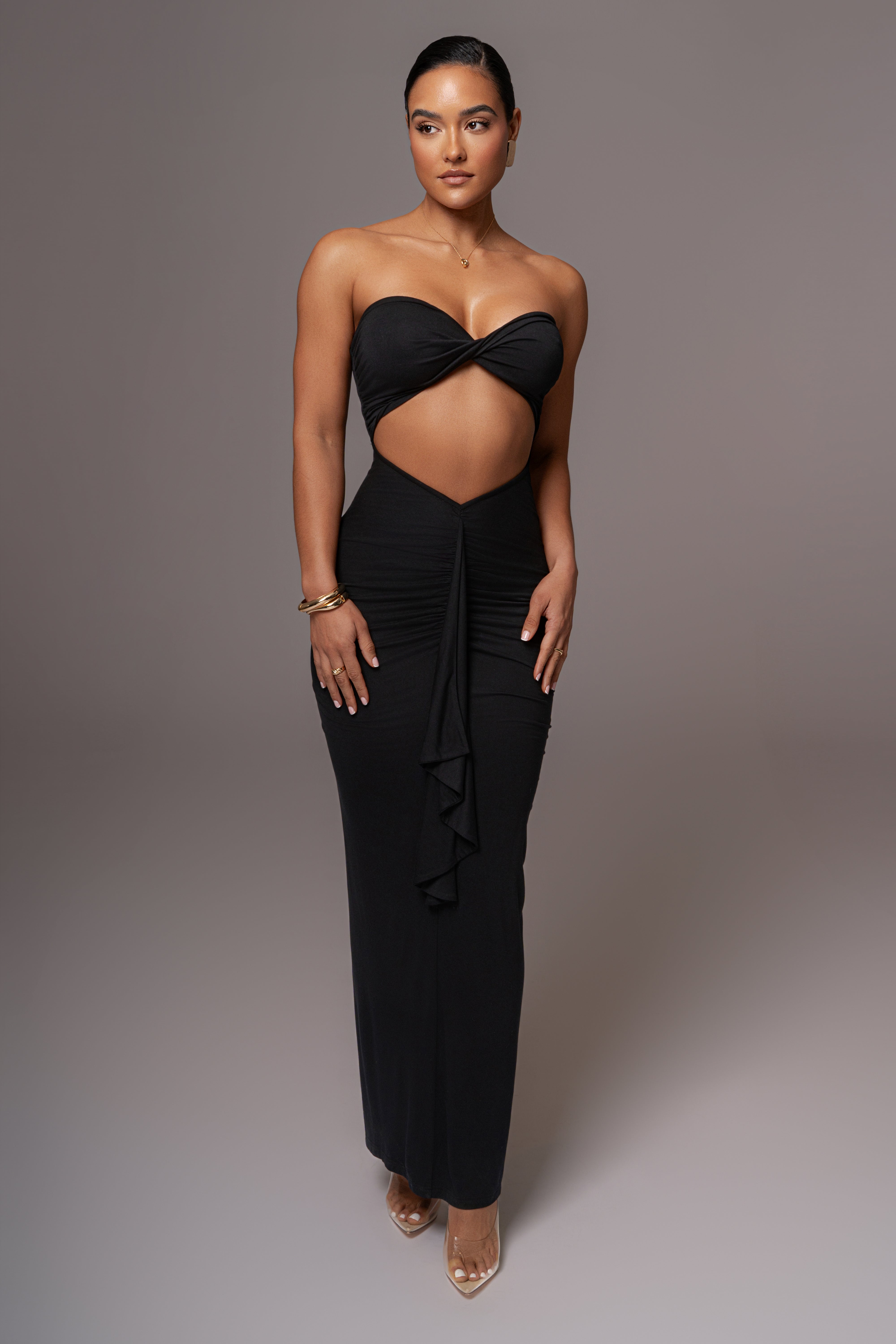 Black Strapless Drape Maxi Dress - JLUXLABEL