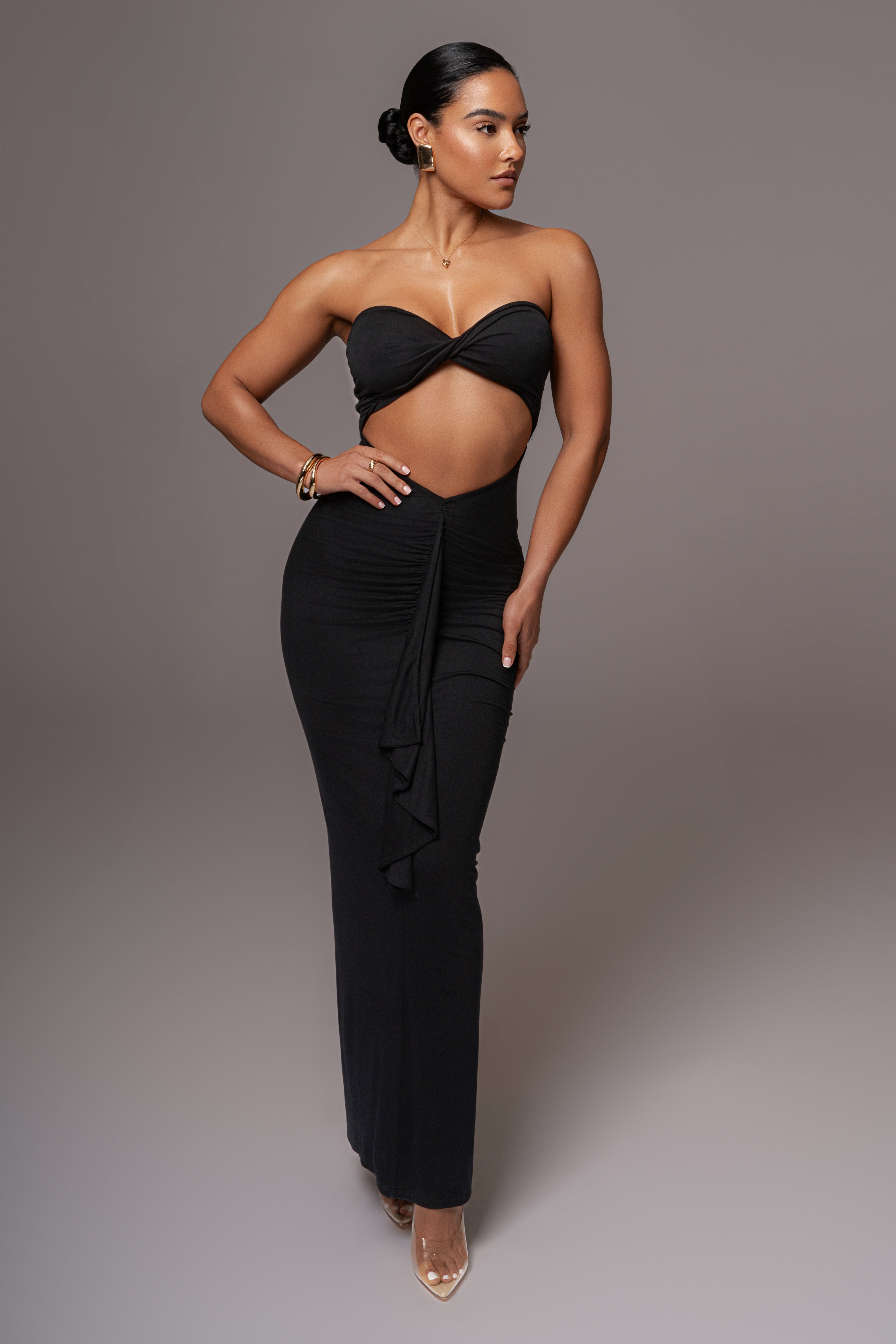 Black Strapless Drape Maxi Dress - JLUXLABEL