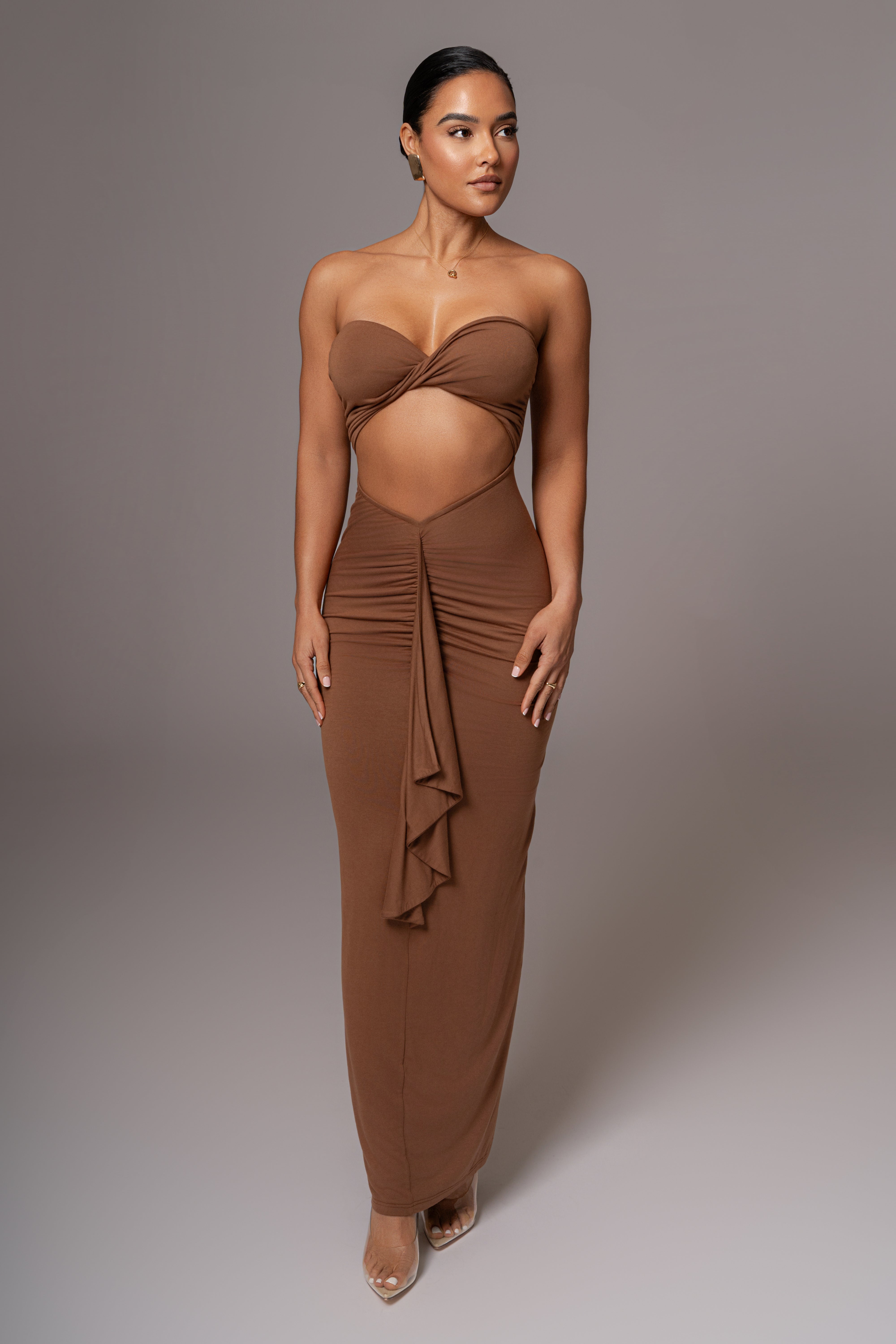 Chocolate Strapless Drape Maxi Dress - JLUXLABEL