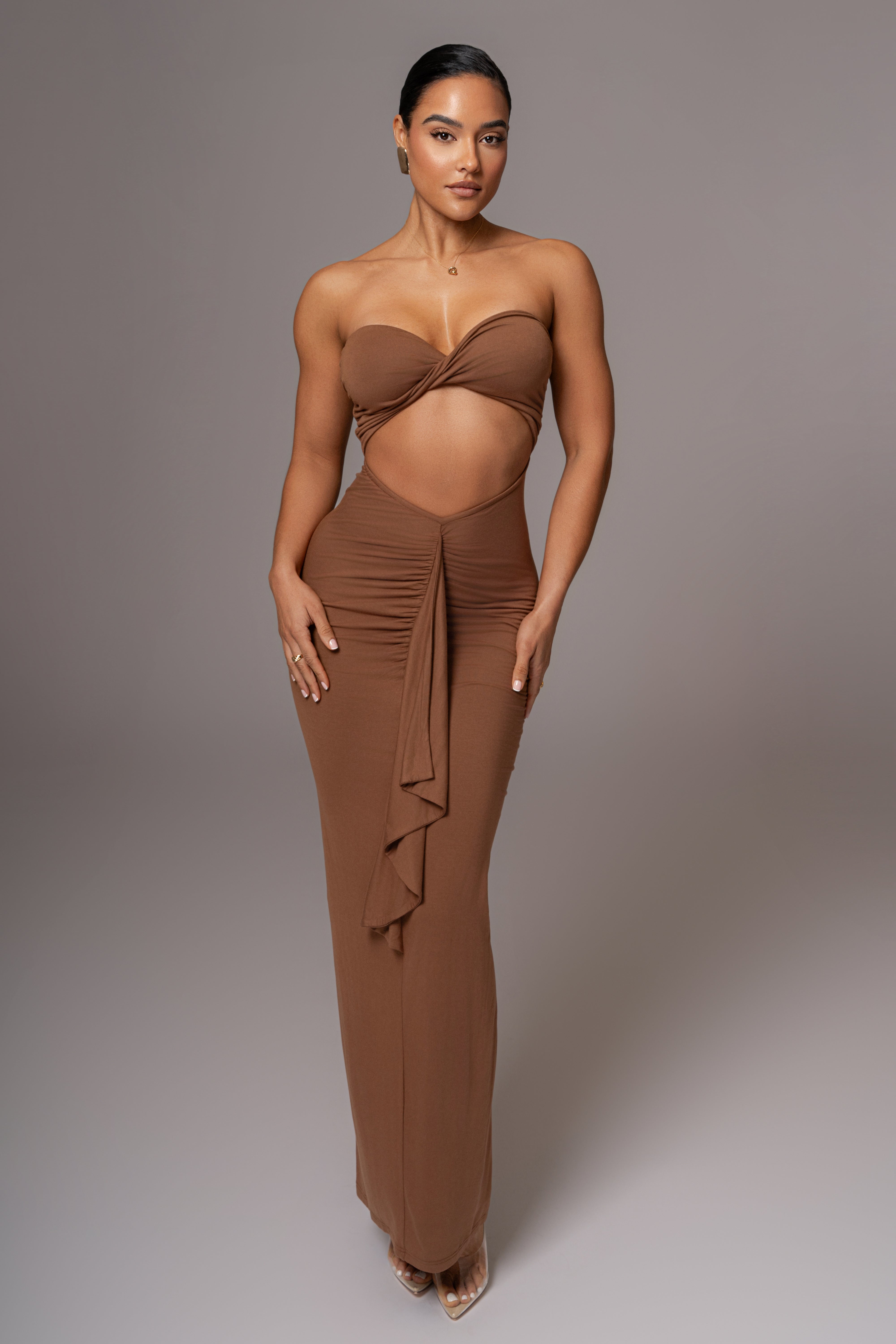 Chocolate Strapless Drape Maxi Dress - JLUXLABEL