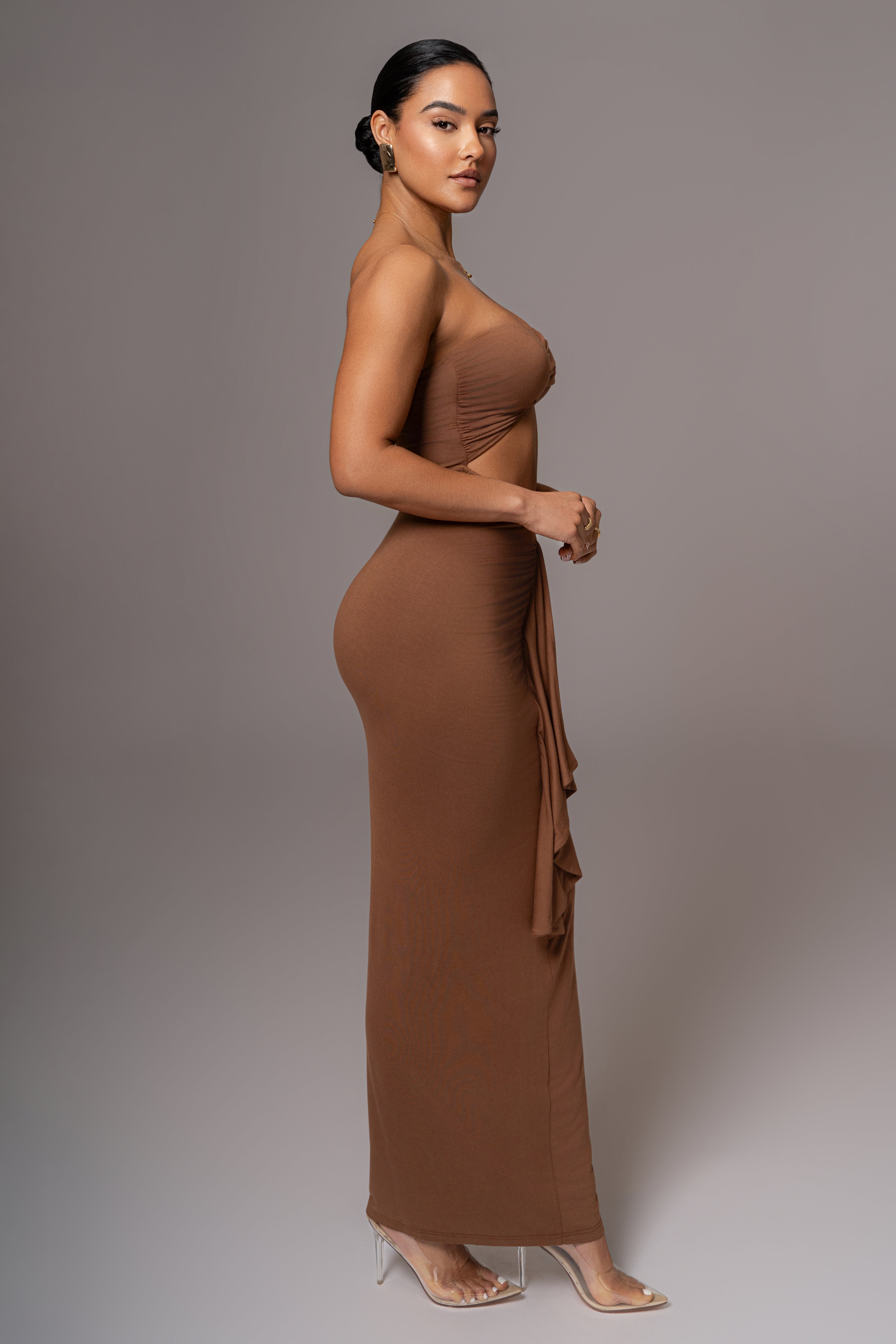Chocolate Strapless Drape Maxi Dress - JLUXLABEL