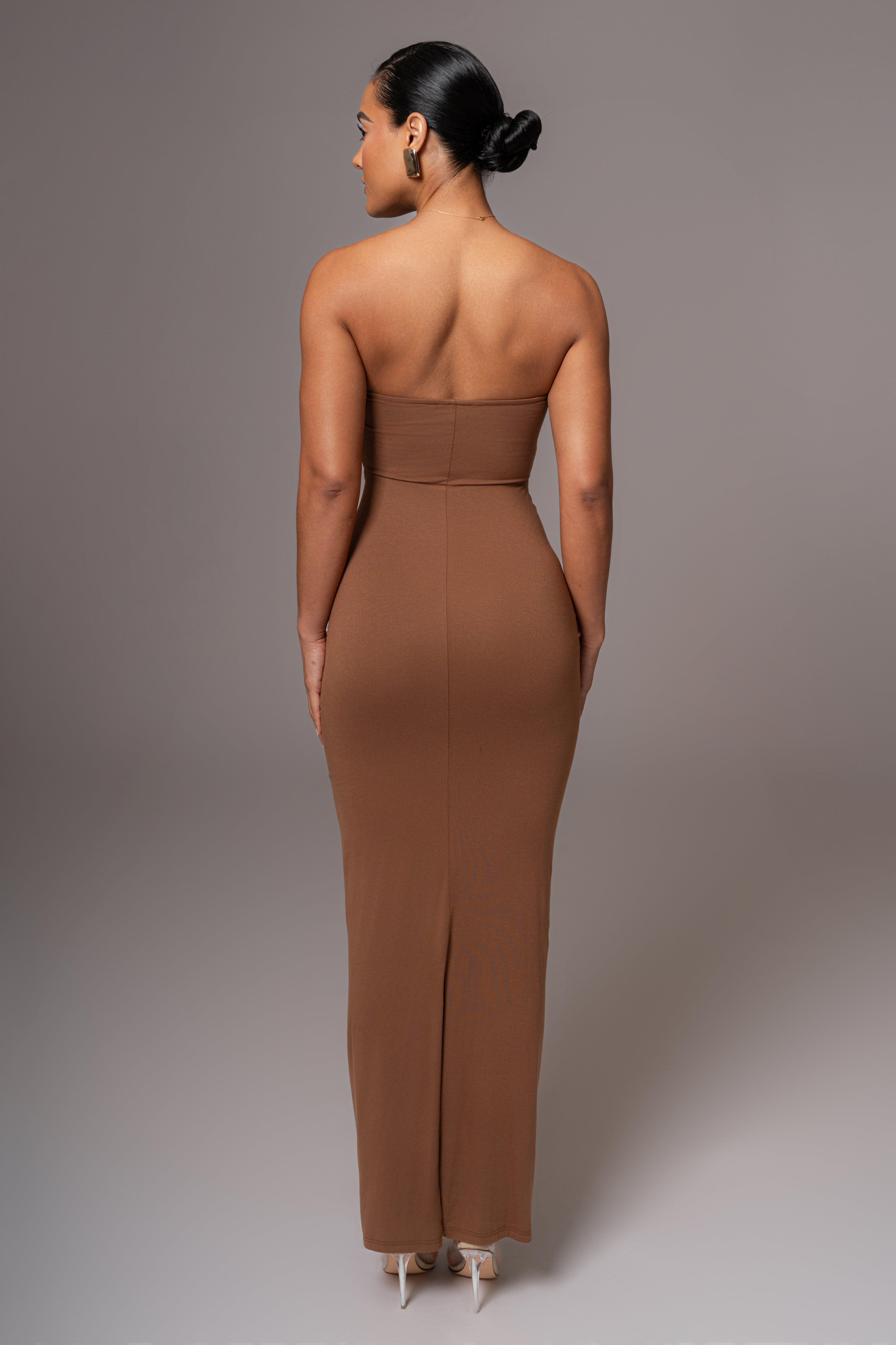 Chocolate Strapless Drape Maxi Dress - JLUXLABEL