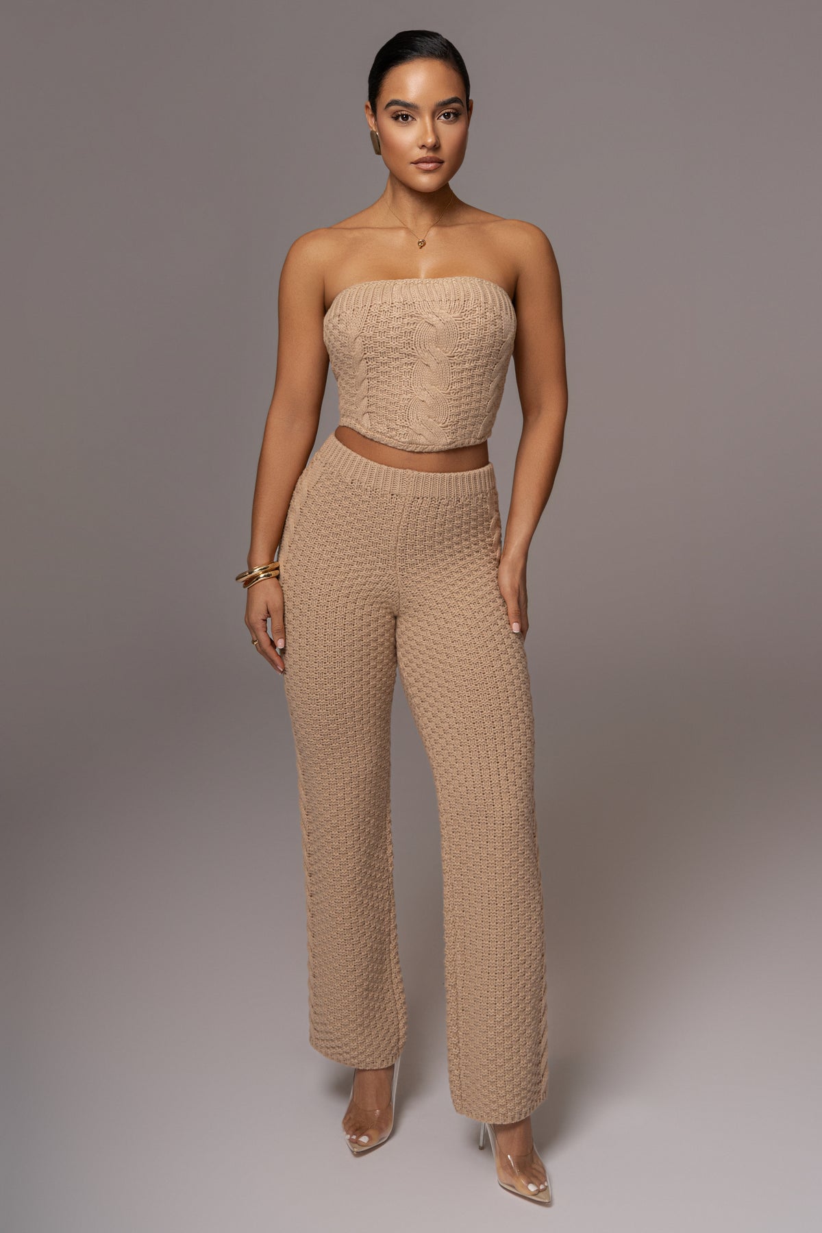 Beige Madison knit pants from JLUXLABEL, soft bottoms with a relaxed fit, featuring a smooth knit fabric and comfortable waistband.