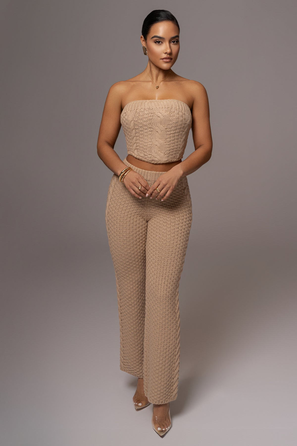 Beige Madison Knit Pants by JLUXLABEL, stylish knit bottoms with a relaxed fit, displayed on a model against a neutral background.