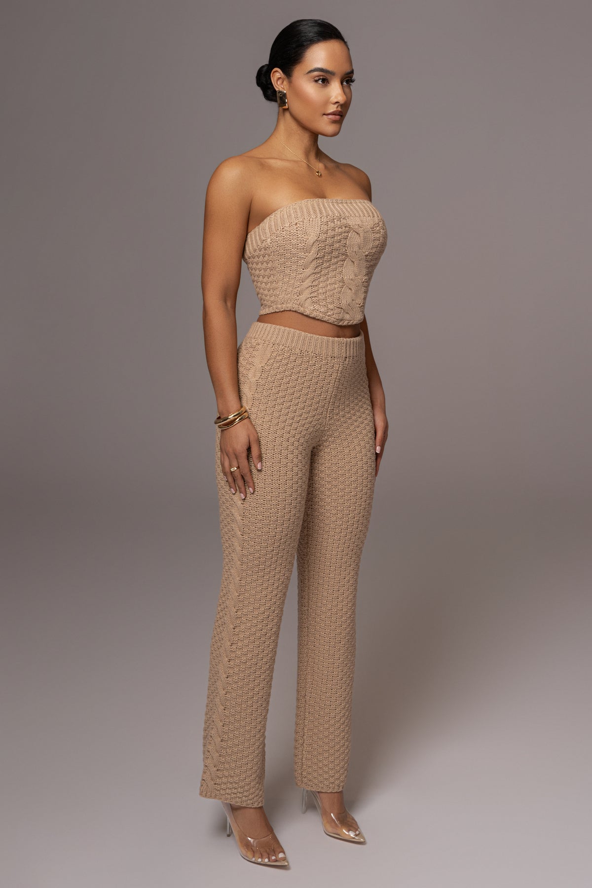 Beige Madison Knit Pants by JLUXLABEL, stylish knit bottoms with a relaxed fit and soft fabric, displayed on a model.