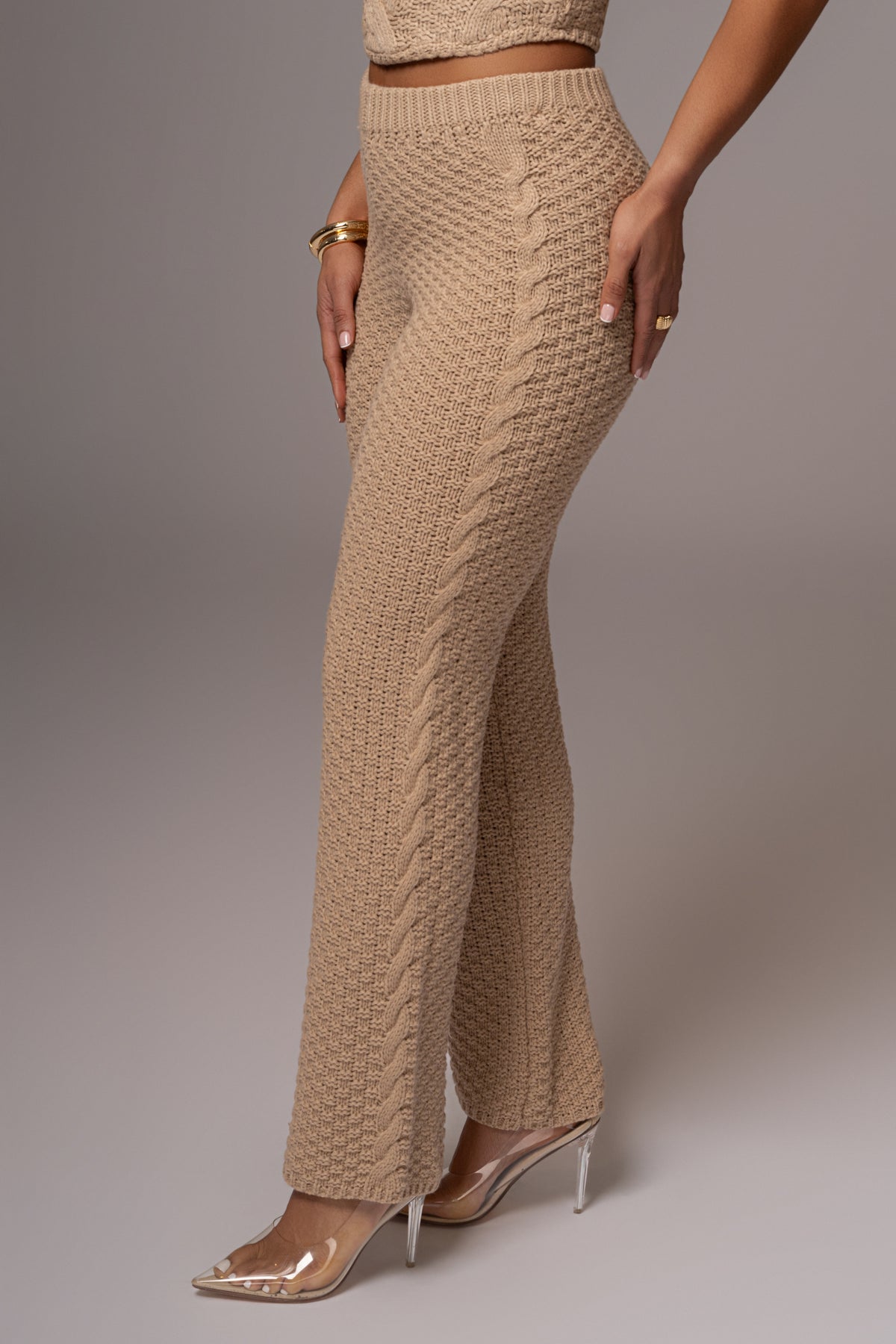 Beige Madison knit pants by JLUXLABEL, stylish bottoms with a comfortable fit and textured knit fabric.