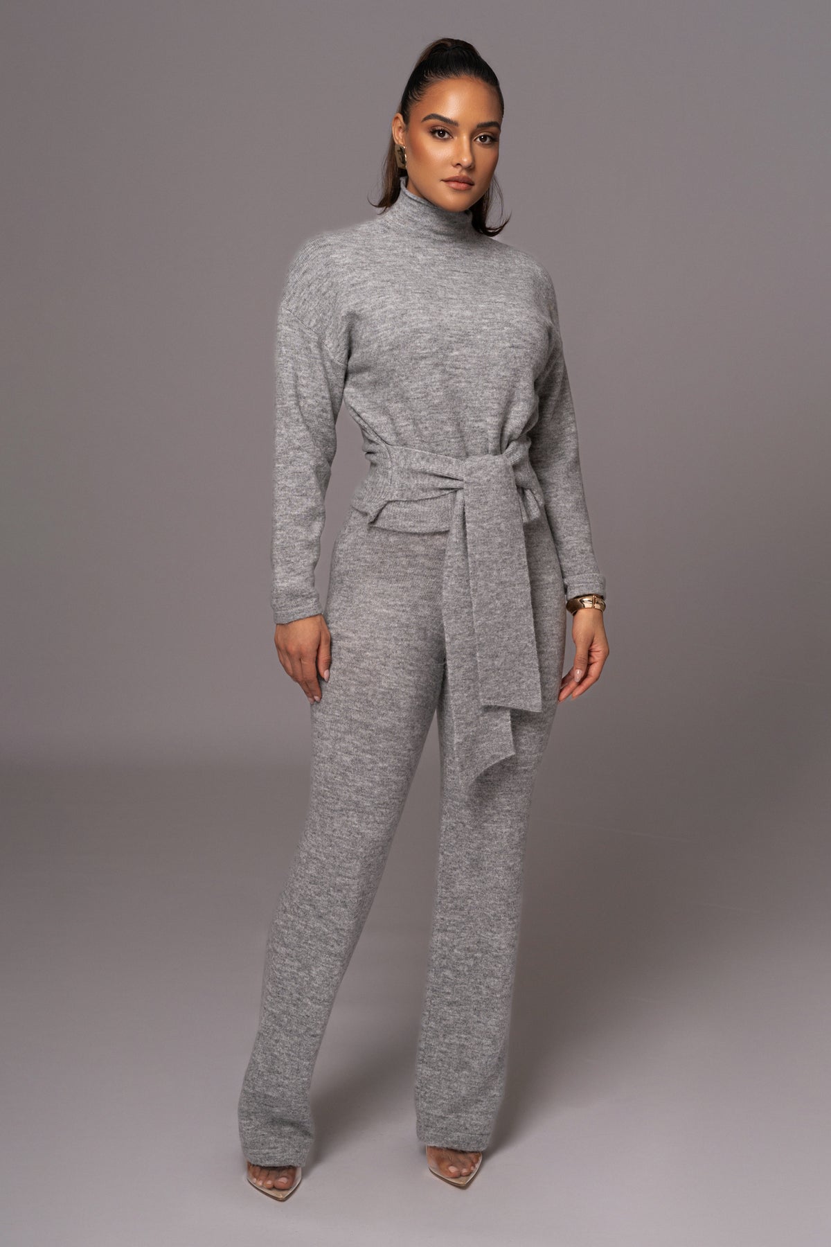 Grey Ivy Sweater Knit Pant Set by JLUXLABEL featuring a cozy knit sweater and matching pants on a neutral background.