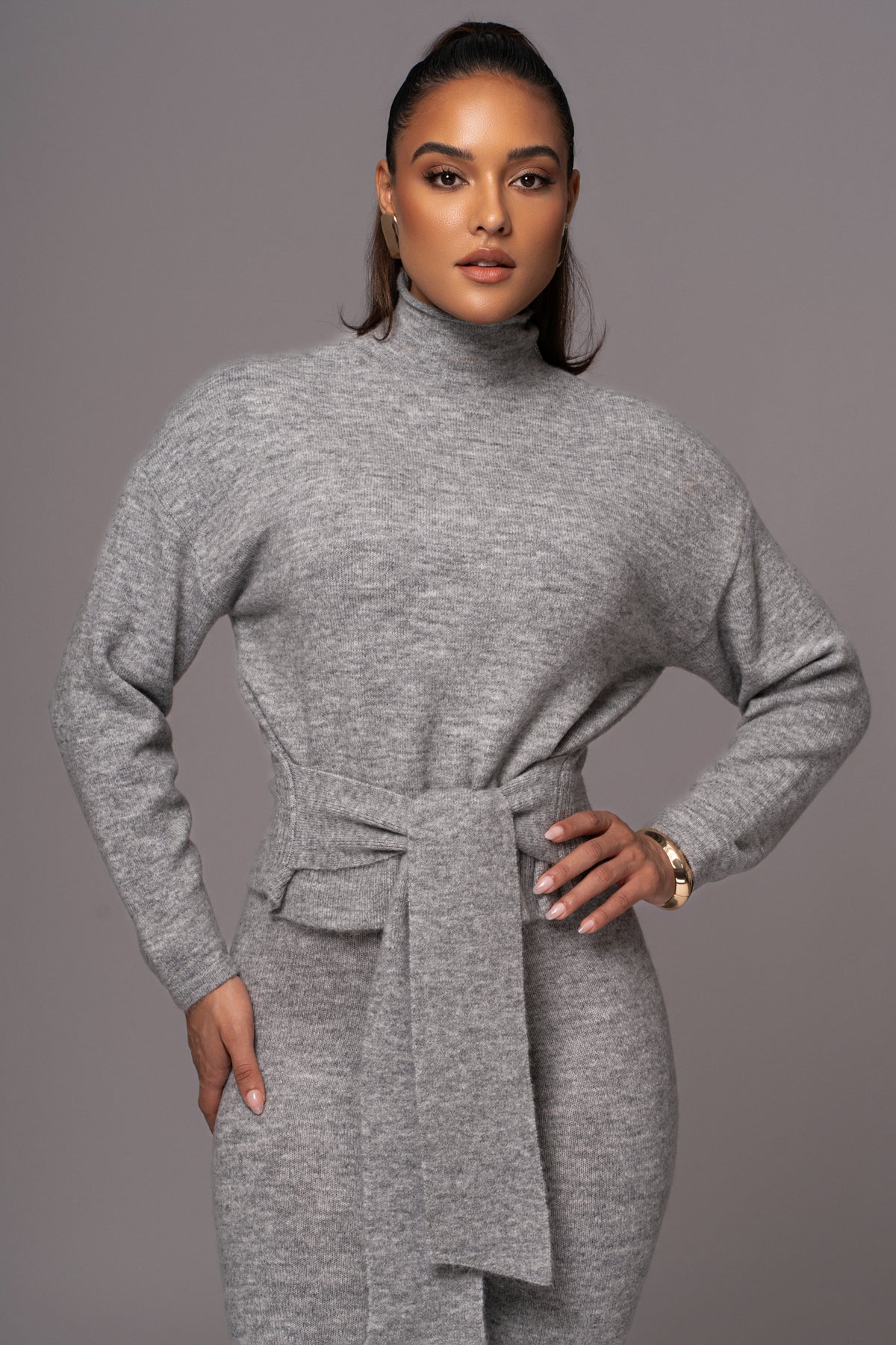 Grey Ivy sweater knit pant set by JLUXLABEL featuring a cozy, stylish matching top and pants for casual comfort.