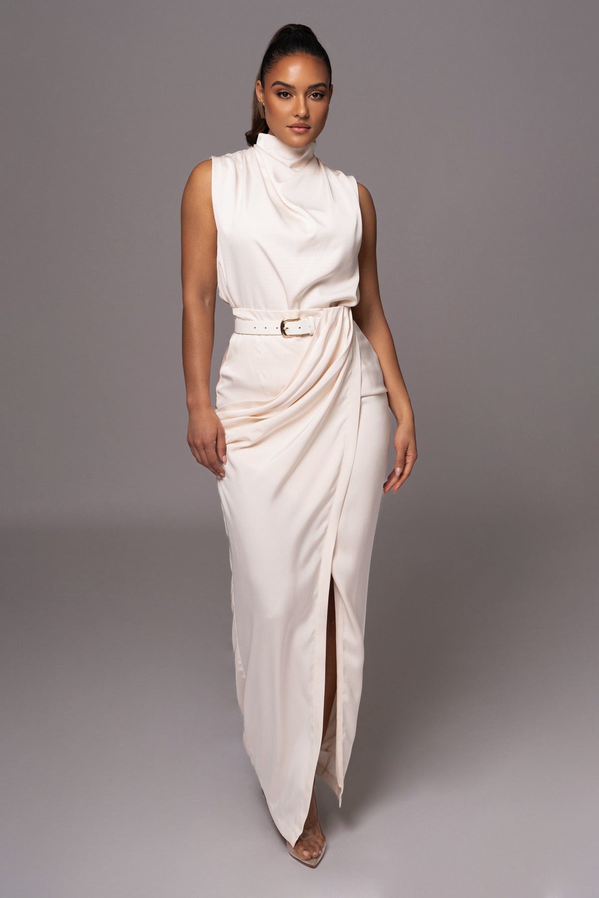 JLUXLABEL Buttercream Desiree mock neck top, soft fabric, fitted style, shown on a model with long sleeves and a high neckline.