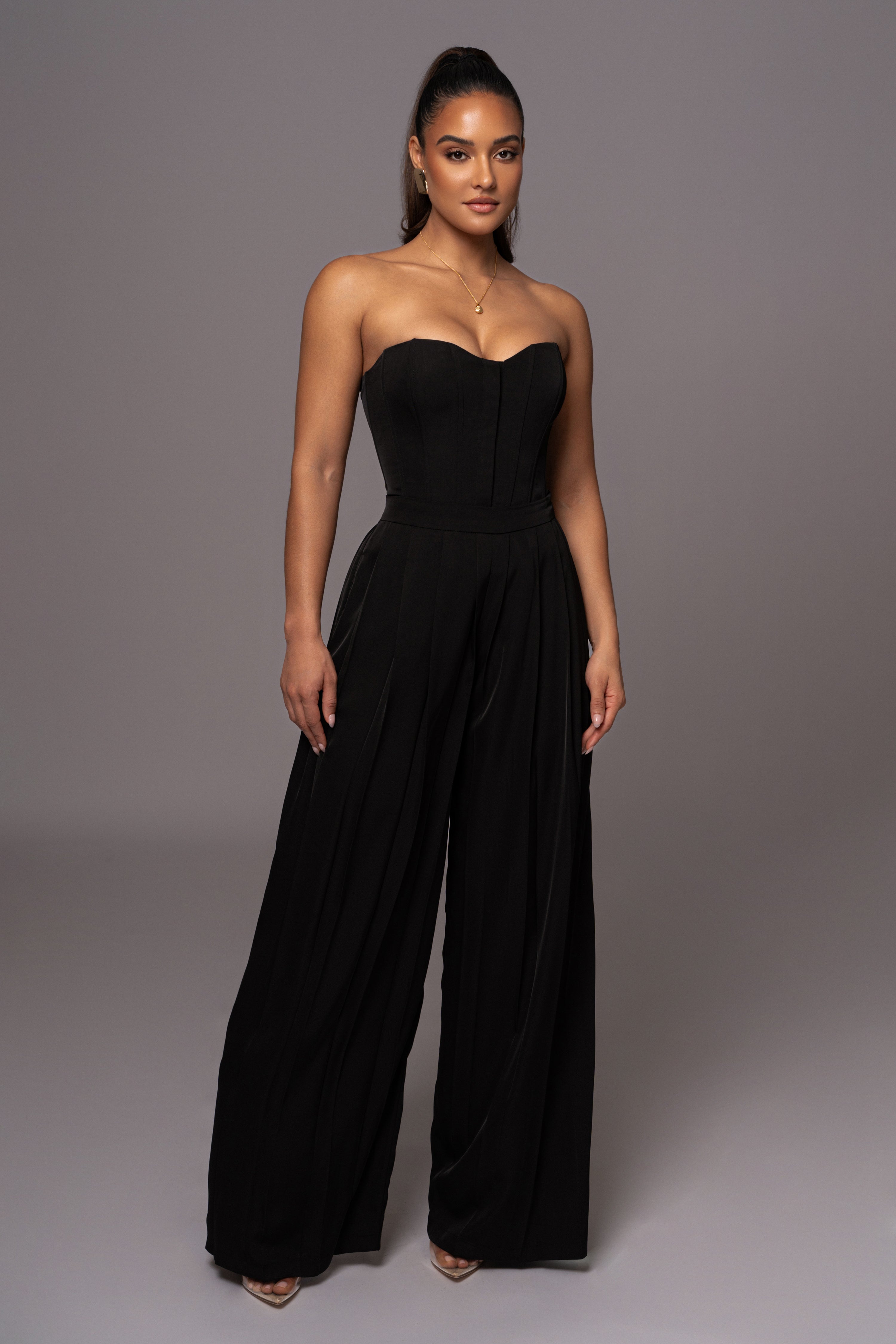 Black Clara Wide Leg Pleated Trousers - JLUXLABEL