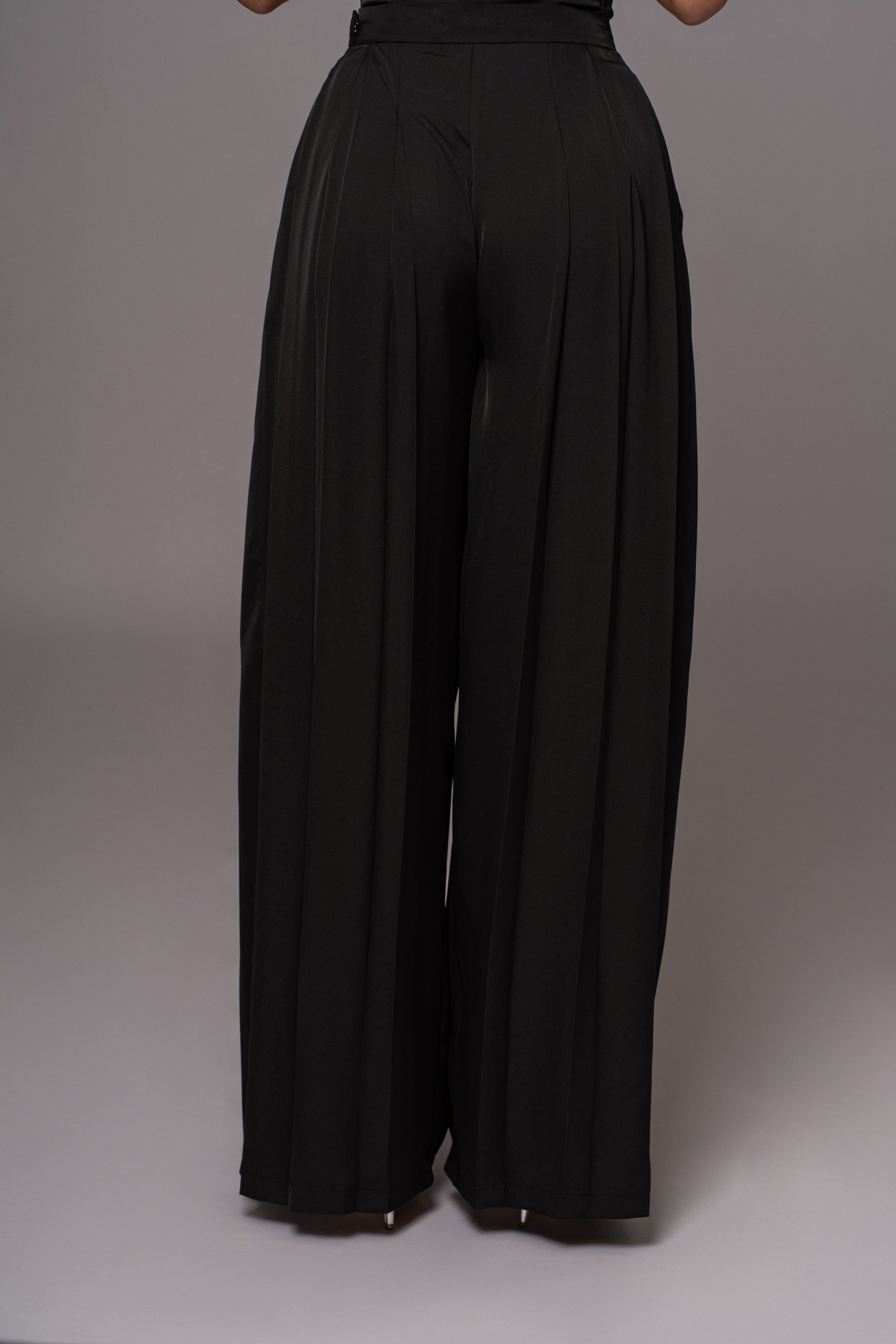 Black Clara Wide Leg Pleated Trousers - JLUXLABEL