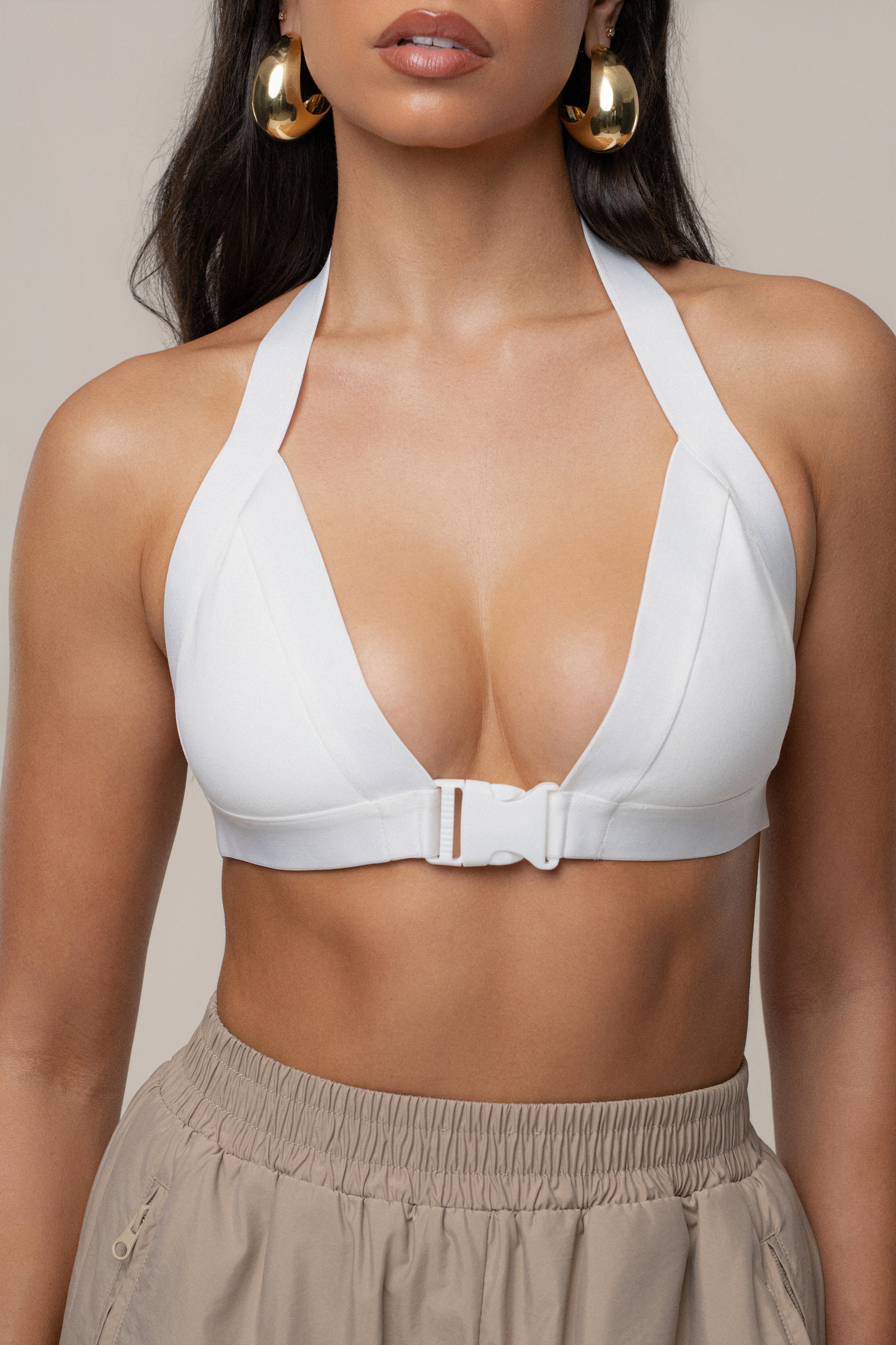 Ivory Belted Motion Halter Top - JLUXLABEL