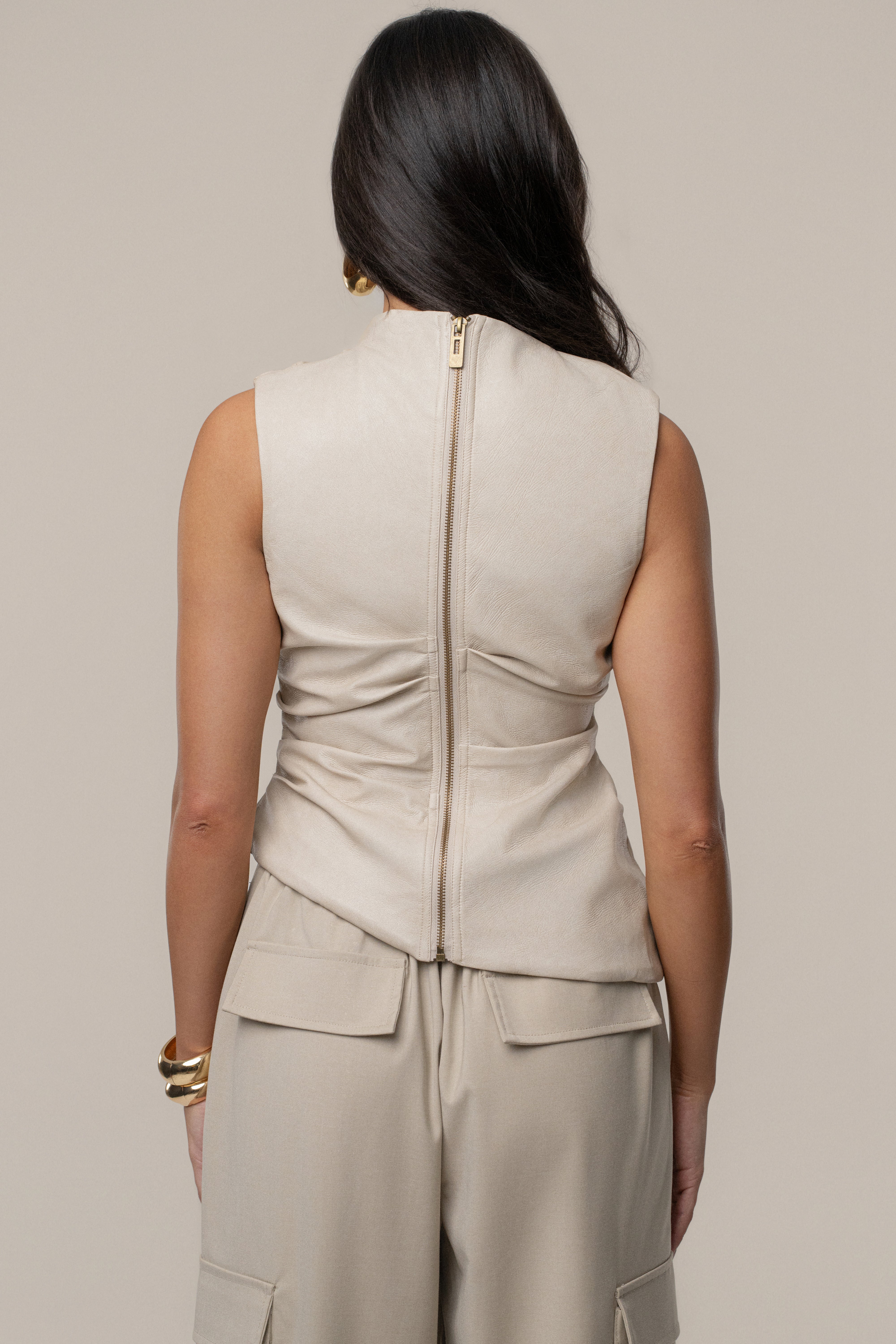 Beige Sleeveless Mock Neck Top