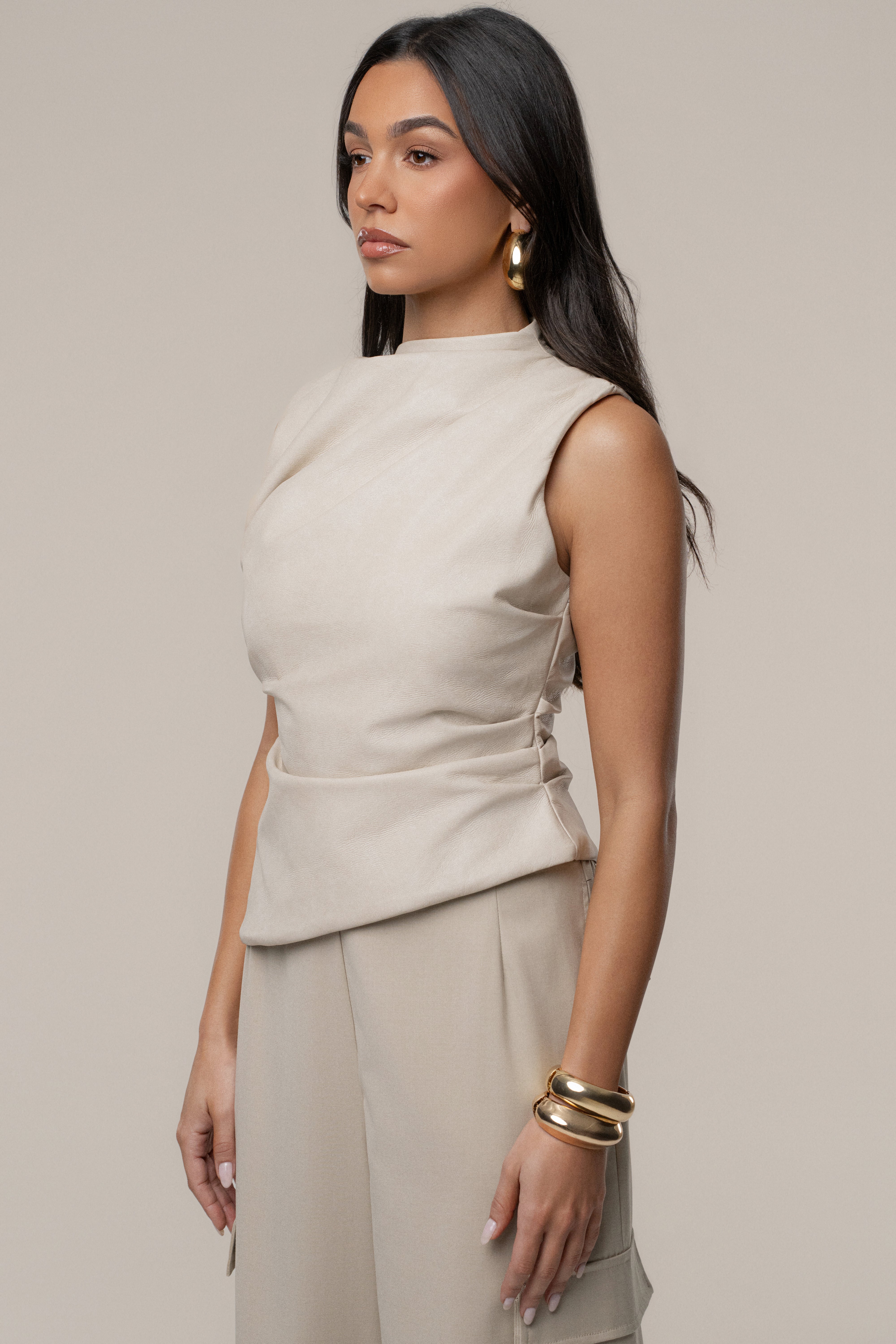 Beige Sleeveless Mock Neck Top