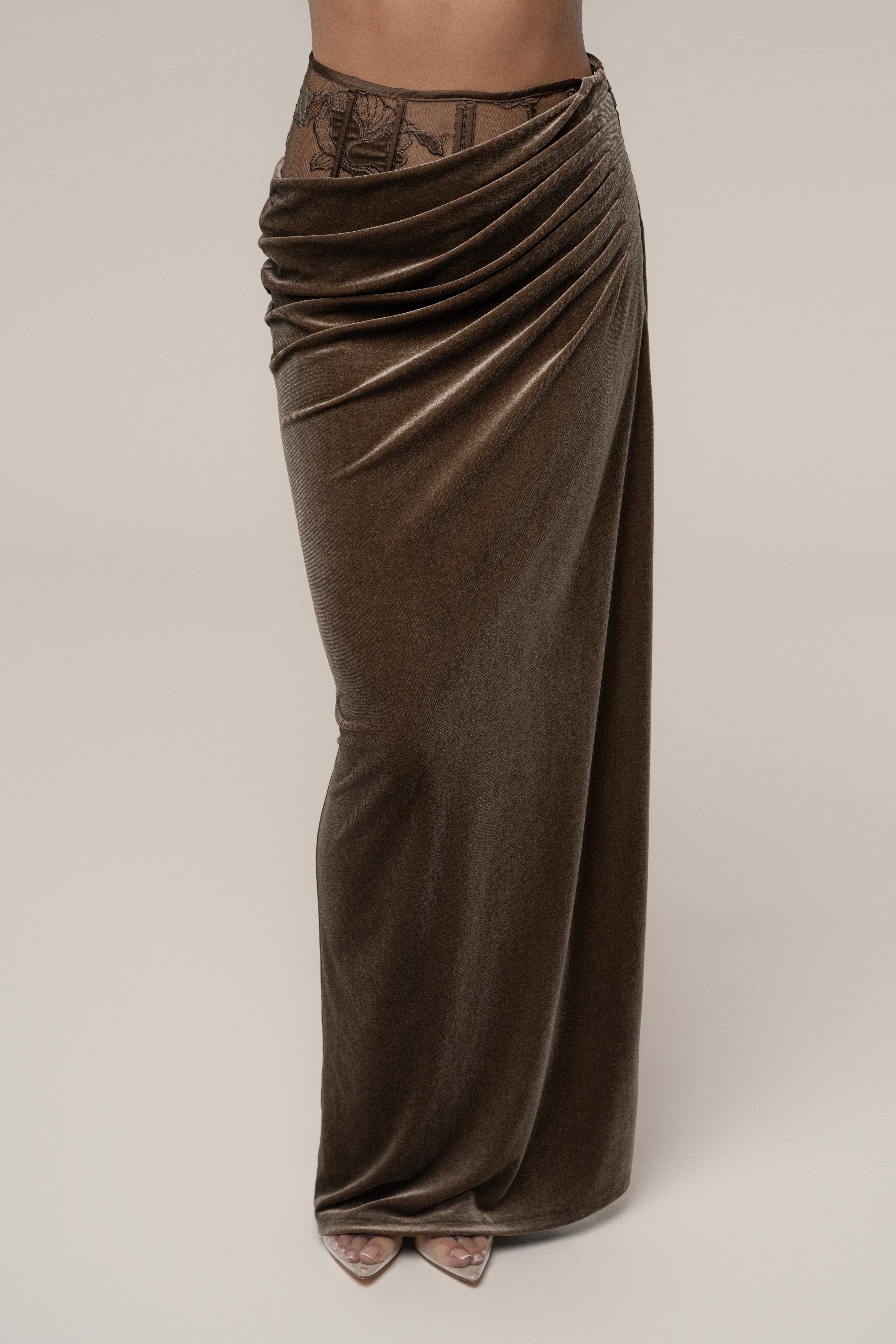 Dark Taupe Velvet And Lace Maxi Skirt