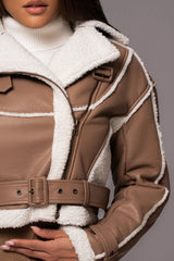 Tan Faux Leather Sherpa Jacket - JLUXLABEL