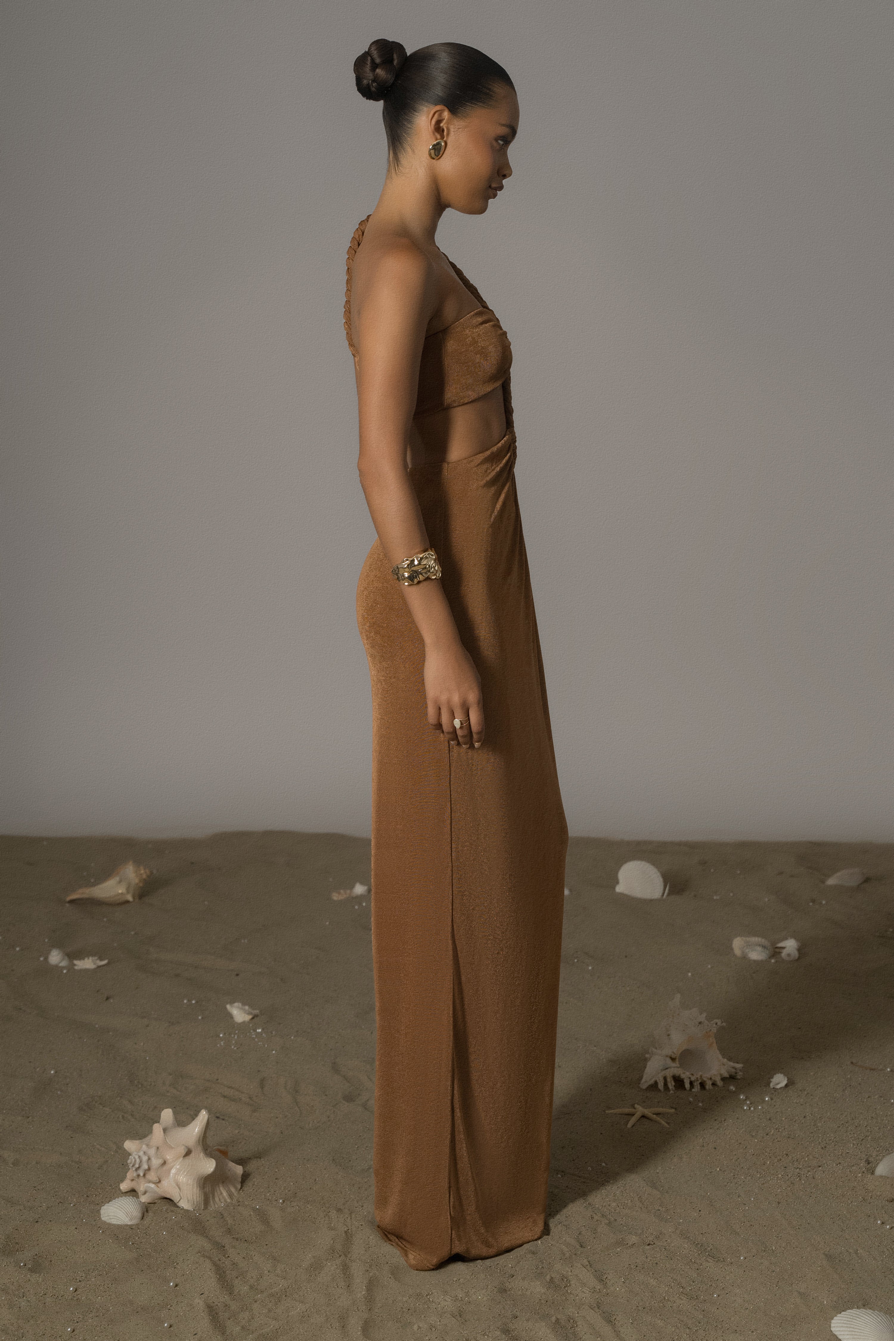 Bronze Ema One Shoulder Maxi Dress - JLUXLABEL