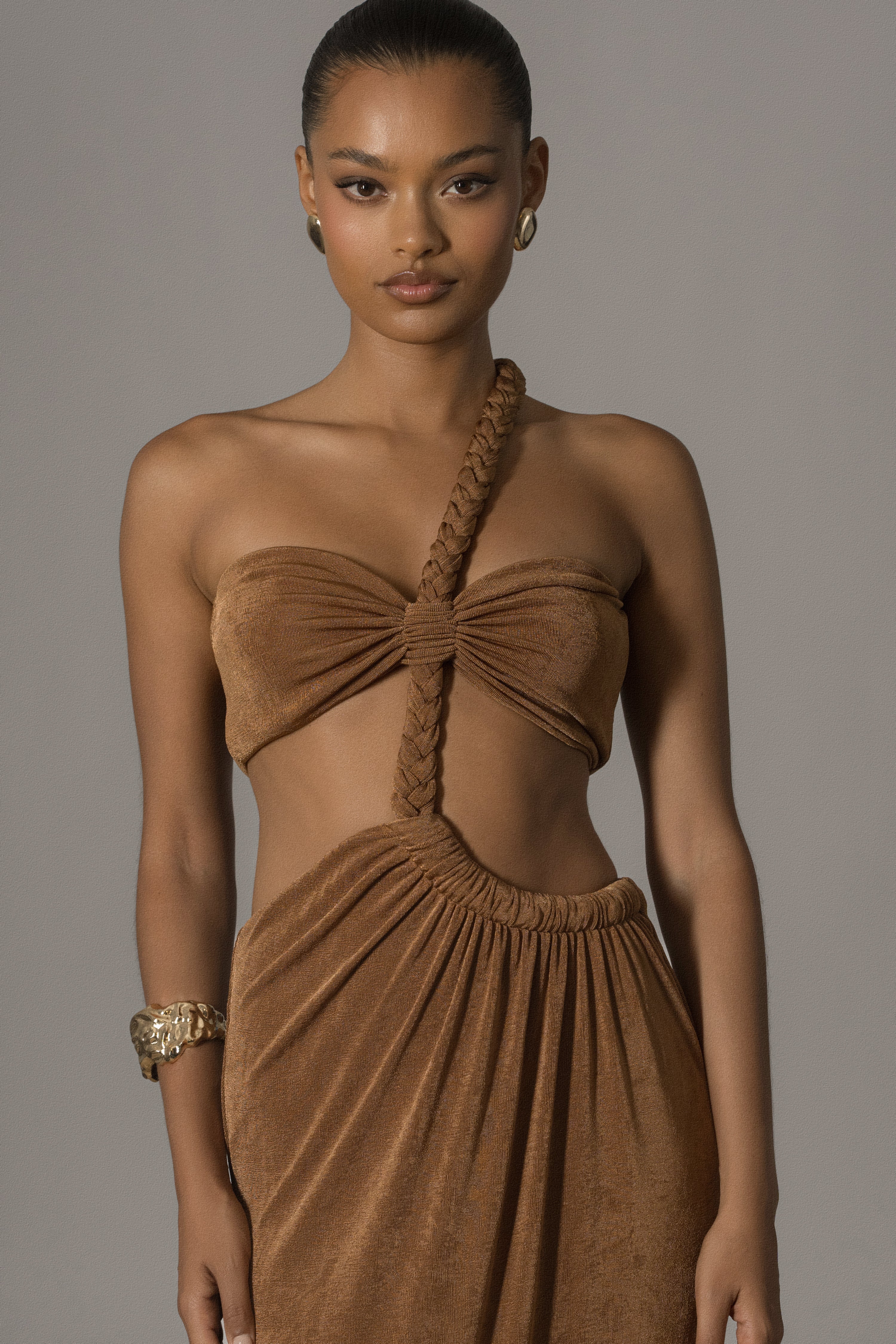 Bronze Ema One Shoulder Maxi Dress - JLUXLABEL